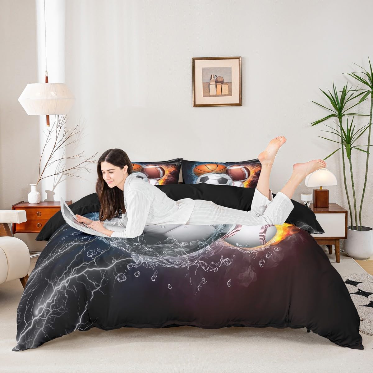Erosebridal Sports Bedding Sets Boys Twin Size,Baseball Soccer Duvet Cover Kids Teens Basketball Football Comforter Cover Ball Games Quilt Cover,Fire Ice Trippy Lightening Decor 2Pcs Soft Luxury