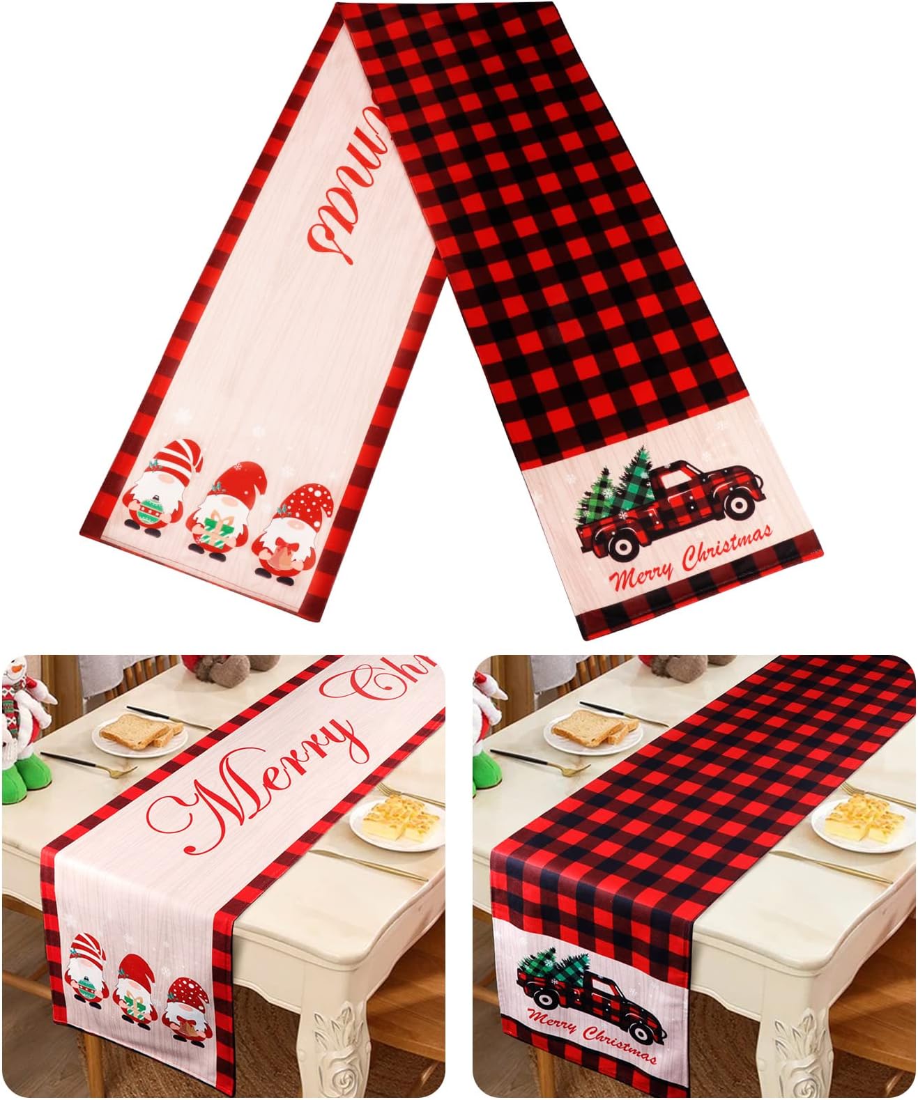 AerWo Christmas Table Runner, Red and Black Buffalo Plaid Table Runners with Red Truck and Swedish Gnomes, Reversible Buffalo Check Table Runner for Christmas Holiday Table Decorations 13 x 72 Inch