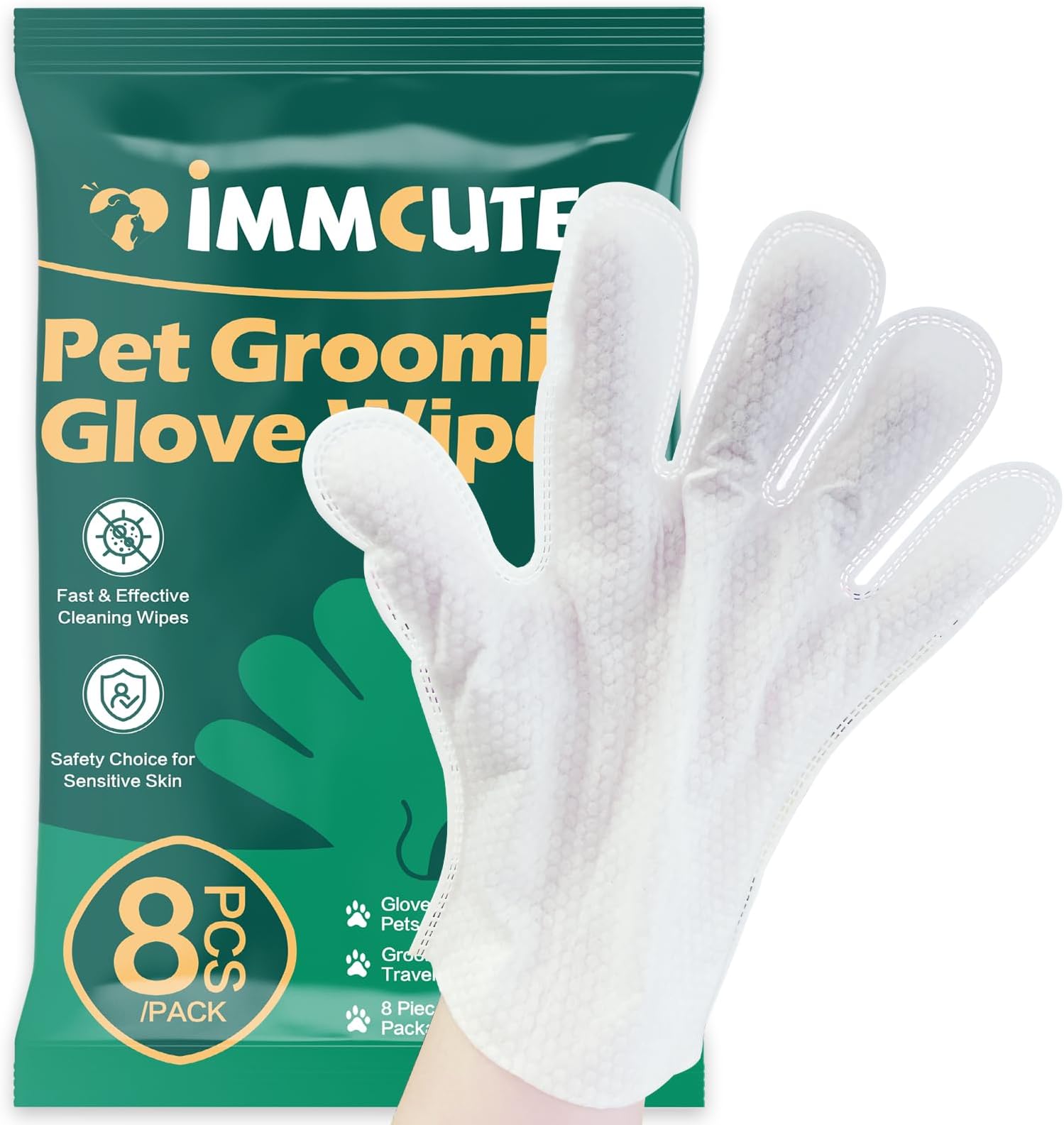 8 PCS Unscented Extra Thick Pet Bathing Wipes for Dogs & Cats, Dog Wipes Washing Gloves, Cleaning & Deodorizing Grooming Gloves for Daily Care and Traveling with EDI Water, Glycerin, Aloe Extract