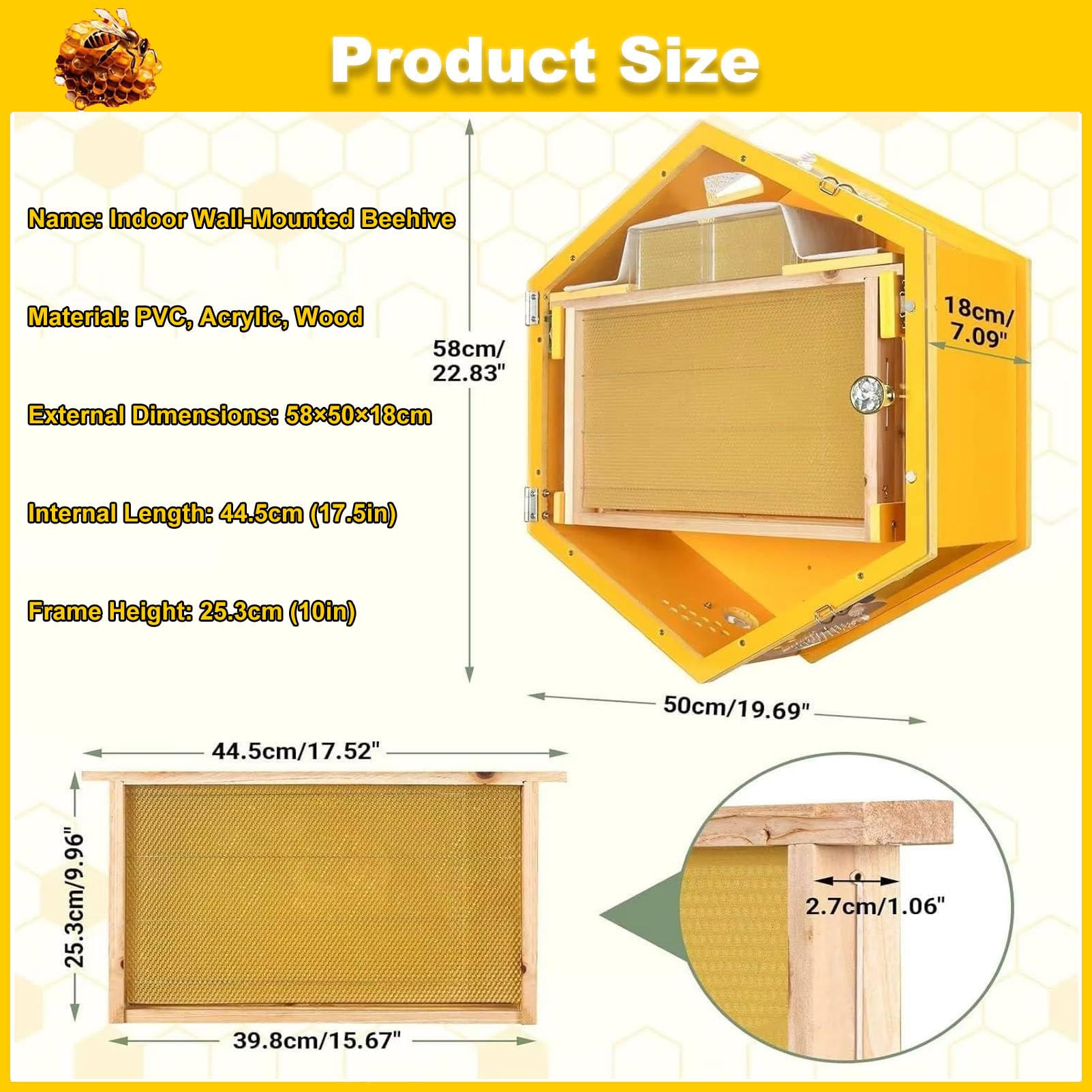 Caja para Colmena con Ventanas de observación, Kit Completo para Principiantes, para cría de Abejas en Interiores, fácil observación, con 3 Marcos y Caja de Miel de 6 panales.