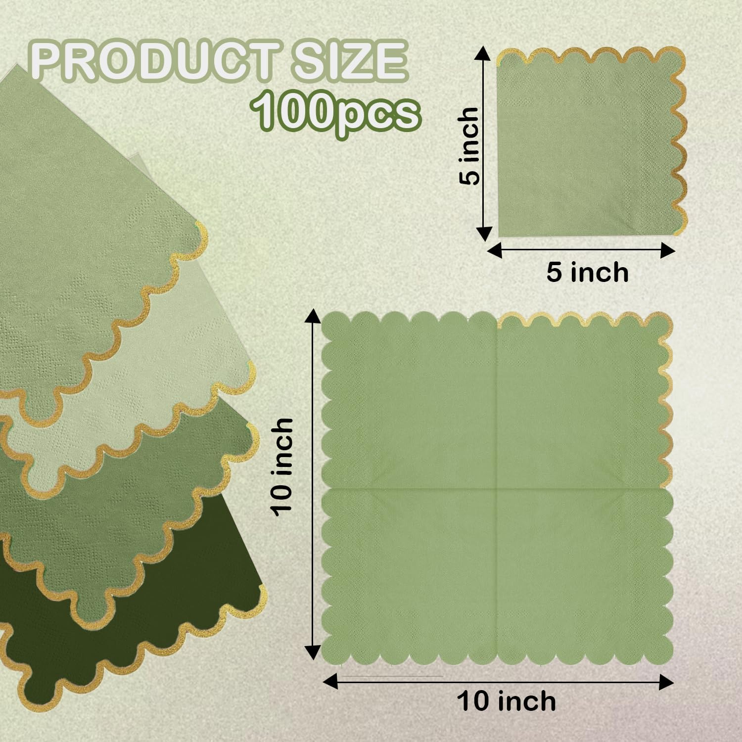 100 pack Green Cocktail Napkins with Gold Foil Accents Scalloped Edges 5 x 5 inch Beverage Disposable Napkin Party Decoration Wedding Bridal and Baby Shower Dinner Lunch Supplies - Image 2
