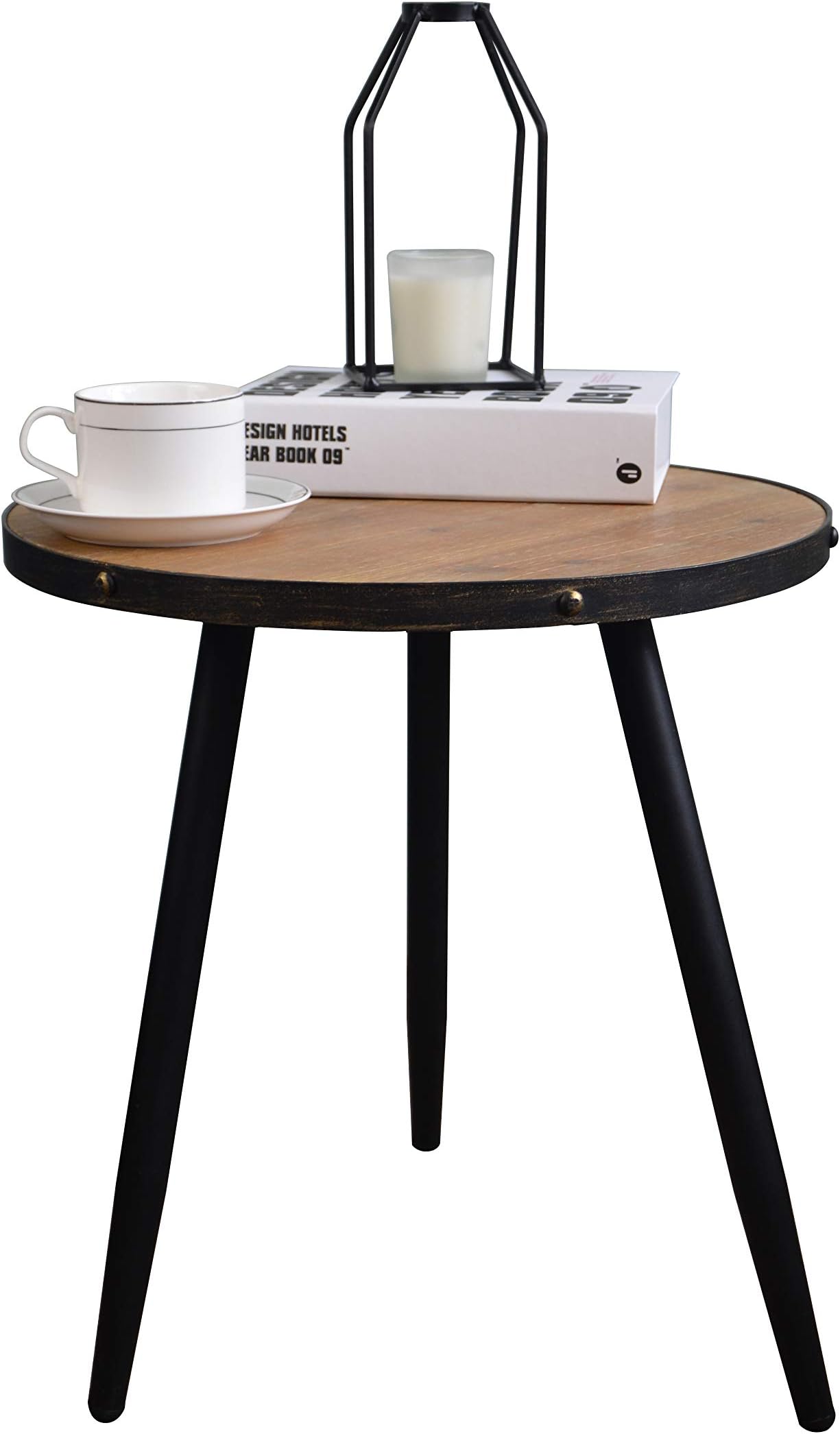 Aojezor Wood Side Table Small,Sofa Bedside Table,Nightstand for Bedroom,Round Metal & Wood,Rustic Home Furniture for Small Space,Under 100,Industrial/Accent Brown/Black