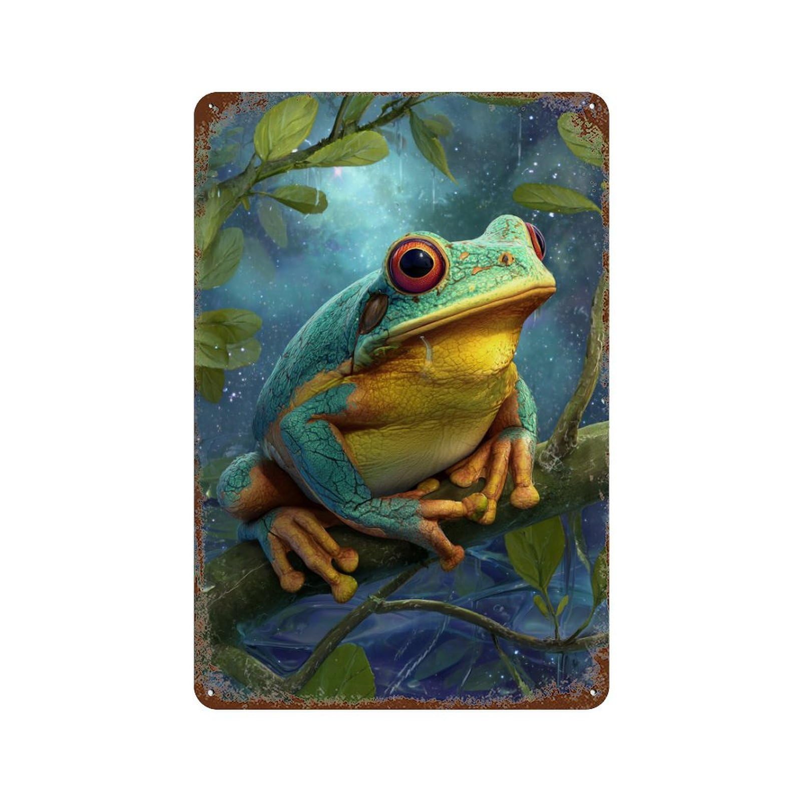 Rust Effect Amazon Rainforest Tree Frog Aged Metal Wall Plaque 11.8"x7.9", Classic Wall Plaque for Basement, Hobby Room And Garage Decor
