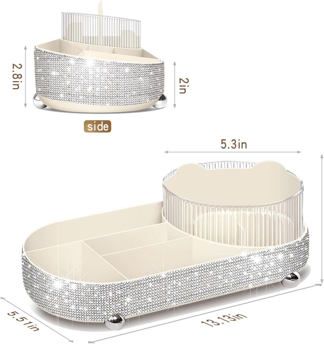 Yivaiks 360° Rotate Bling Makeup Organizer for Vanity Cosmetic Countertop Rhinestones Makeup Brush Holder Skincare Organizers Desk Storage Accessories
