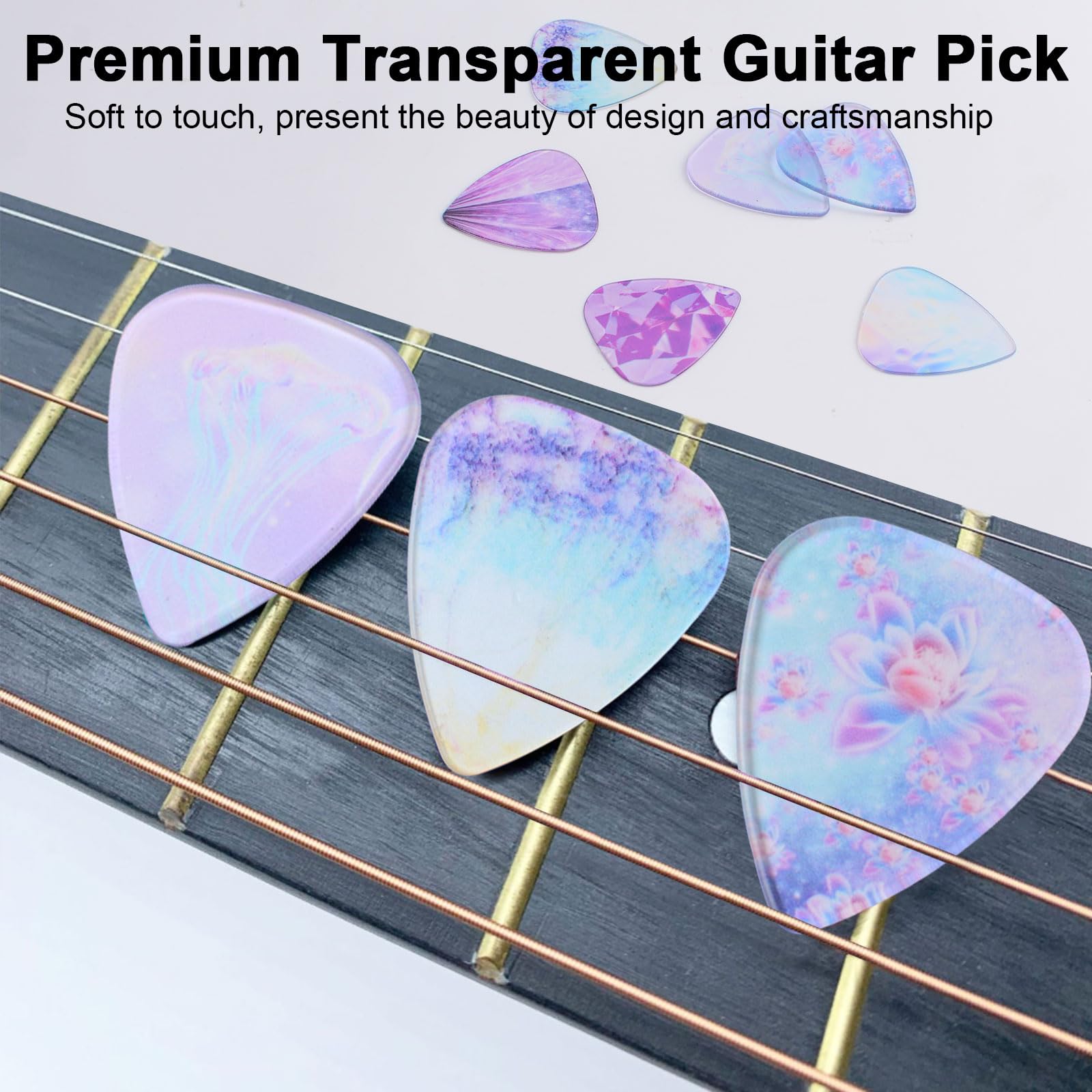 HOMMDECO Fancy Clear Guitar Pick 6PCS Clear Square Box Three Thicknesses Suitable for Bass Electric Guitar Ukulele Classical Music Playing Instrument Accessories (Purple Theme) - Image 3