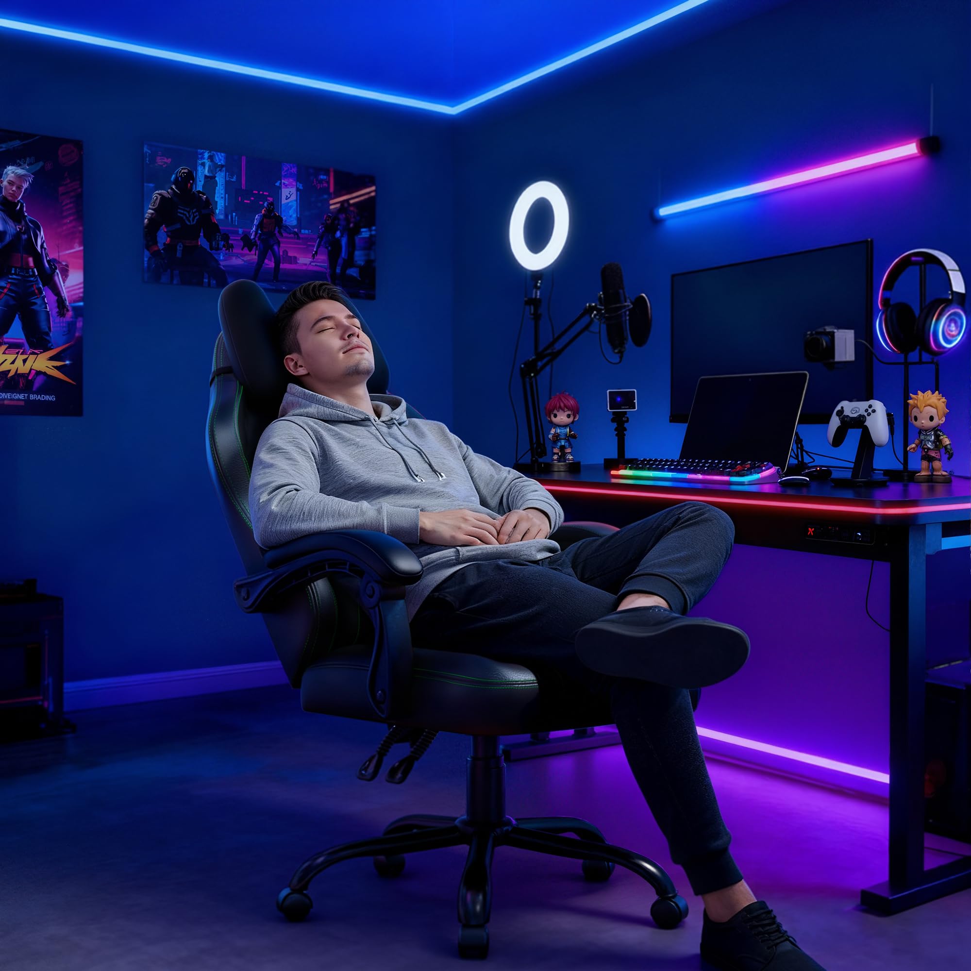 seenda GCP-18 Bürostuhl Ergonomisch – Atmungsaktiver Gaming Stuhl aus Tech-Stoff & PU-Leder, Drehstuhl mit Synchron-Mechanik & 135° Neigung, Abnehmbares Kopfkissen, Chefsessel für Homeoffice, Schwarz