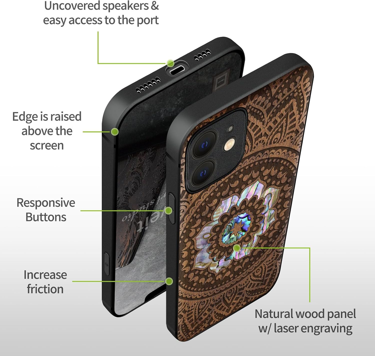 Carveit Designer Wooden Protective Case for iPhone 12 Magnetic Cover [Wood Engraving & Shell Inlay] Compatible with iPhone 12 MagSafe (Mandala Pattern-Walnut)