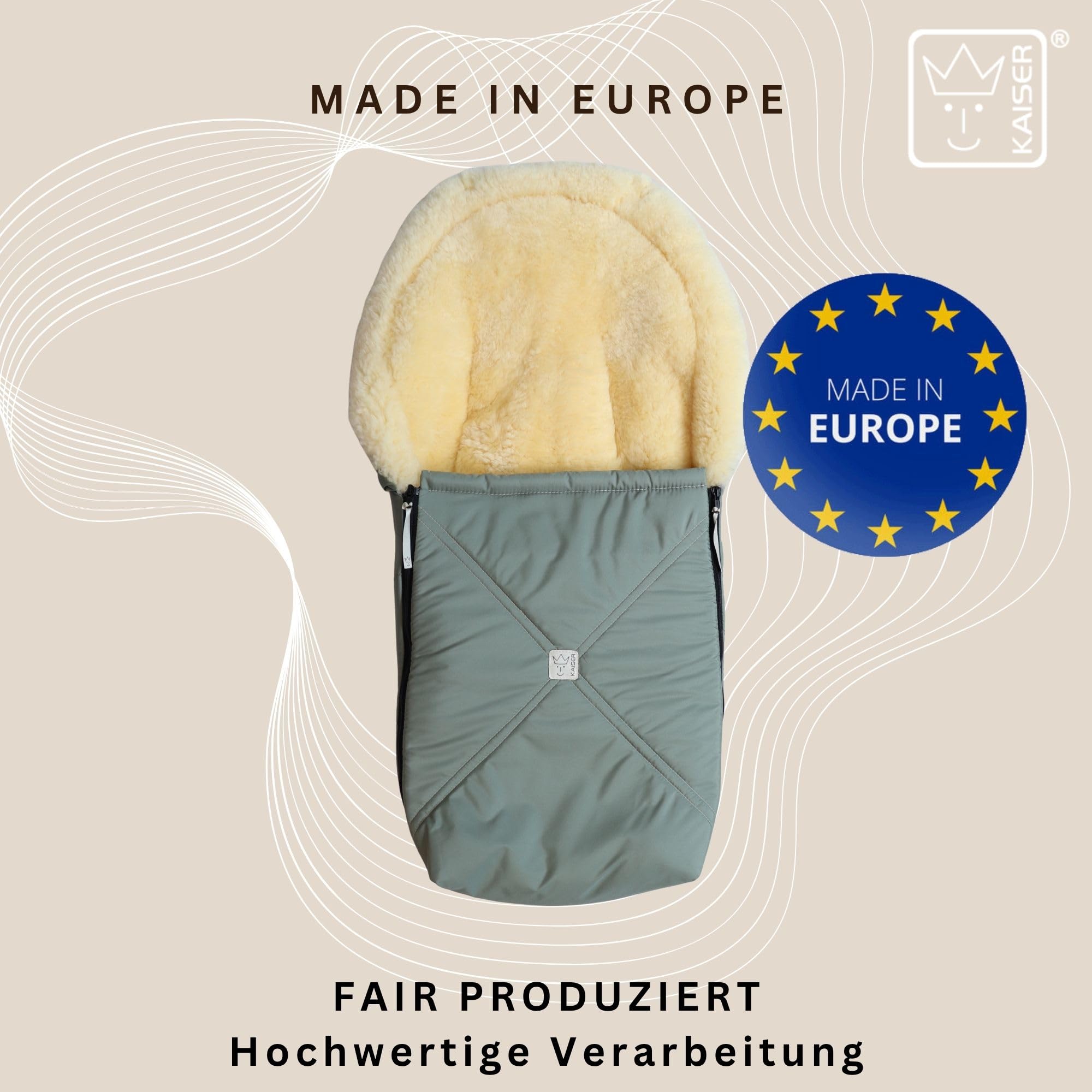 KAISER Emmy Lammfell-Fußsack für Babyschalen, 80 x 37 cm, Abnehmbares Oberteil mit 2-Wege-Reißverschluss (salbei green)