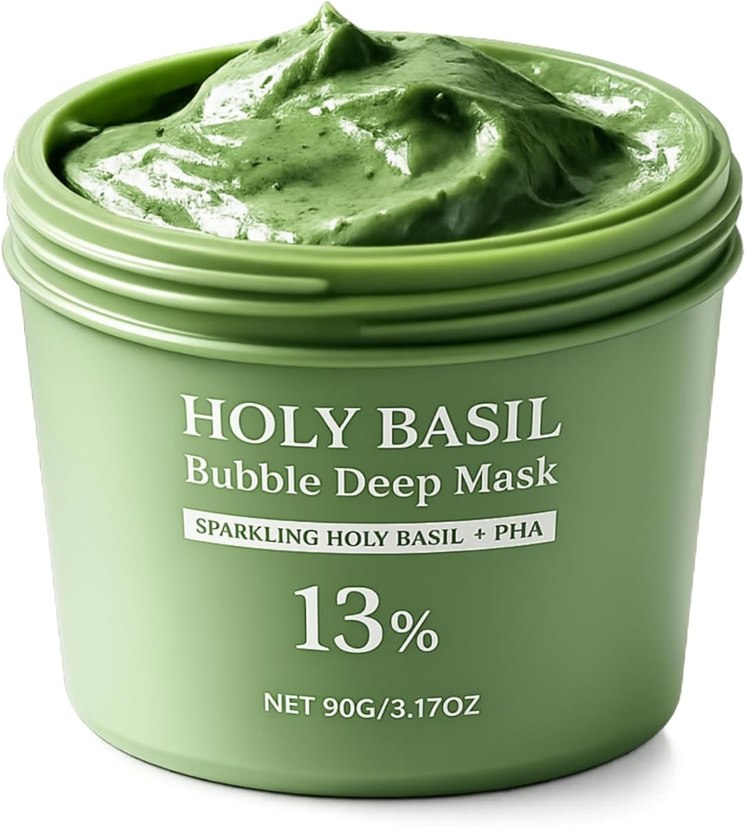 Holy Basil Bubble Deep Mask | Clay-to-Foam Face Mask with PHA & Holy Basil Extract, Gentle Cleansing & Hydrating Facial Mask (90g / 3.17 oz) (Green)