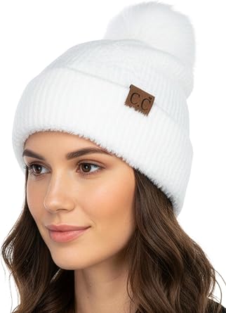 Funky Junque Beanie for Women Ultra Soft Chenille Faux Fur Pom Pom Winter Hats Warm Ski Cap Fashion
