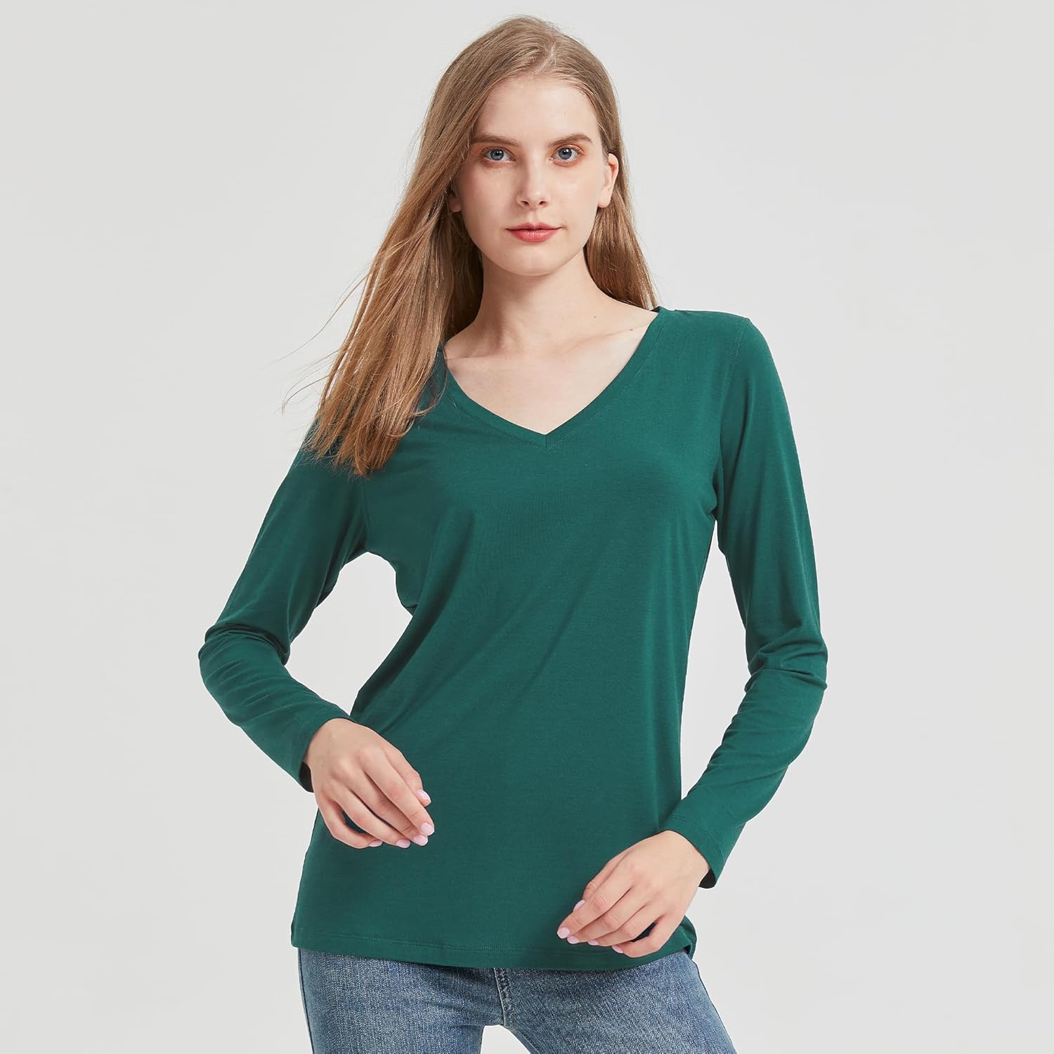 netdraw Women's Bamboo Viscose Long Sleeve V-Neck T-Shirt Soft Comfy Trendy Casual Sleep Pajama Lounge Tops - Image 4