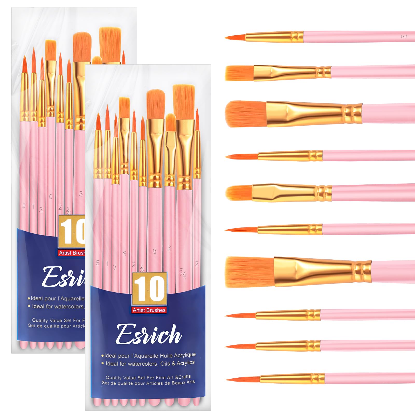 ESRICH Paint Brushes Set,2 Packs 20 Pcs Acrylic Paint Brush Set,Watercolor Oil Acrylic Nylon Hair Brushes,Artist Paintbrushes for Acrylic Oil Watercolor Painting Artist Professional Kits,Pink