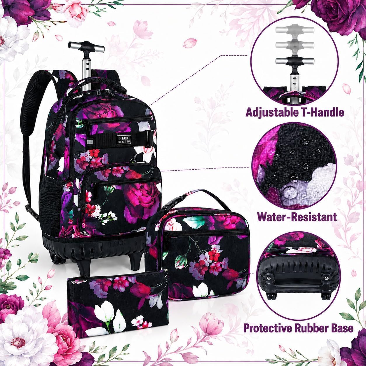 3Pcs Rolling Backpack for Girls Women, Travel Roller Backpacks with Wheels for Adults, Teens College Rose Wheeled Bookbag with Lunch Box(Black) image 5
