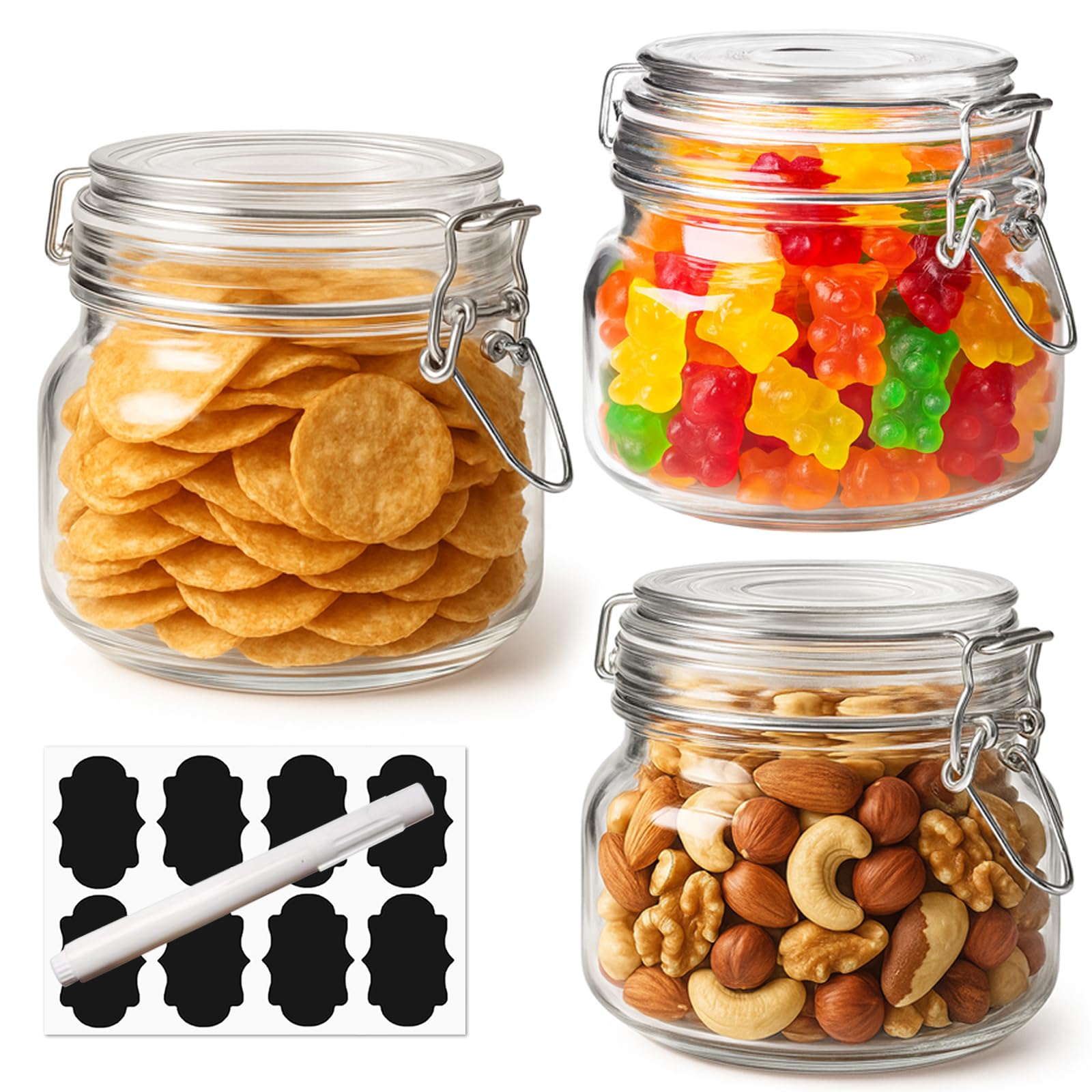 OAMCEG Clip Top Jars 500ml Set of 3 - Airtight Glass Storage Containers with Lids for Jam, Pickle, Overnight Oats, Canning, Sugar & Spices - Reusable Mason Jars for Kitchen Food Organiser