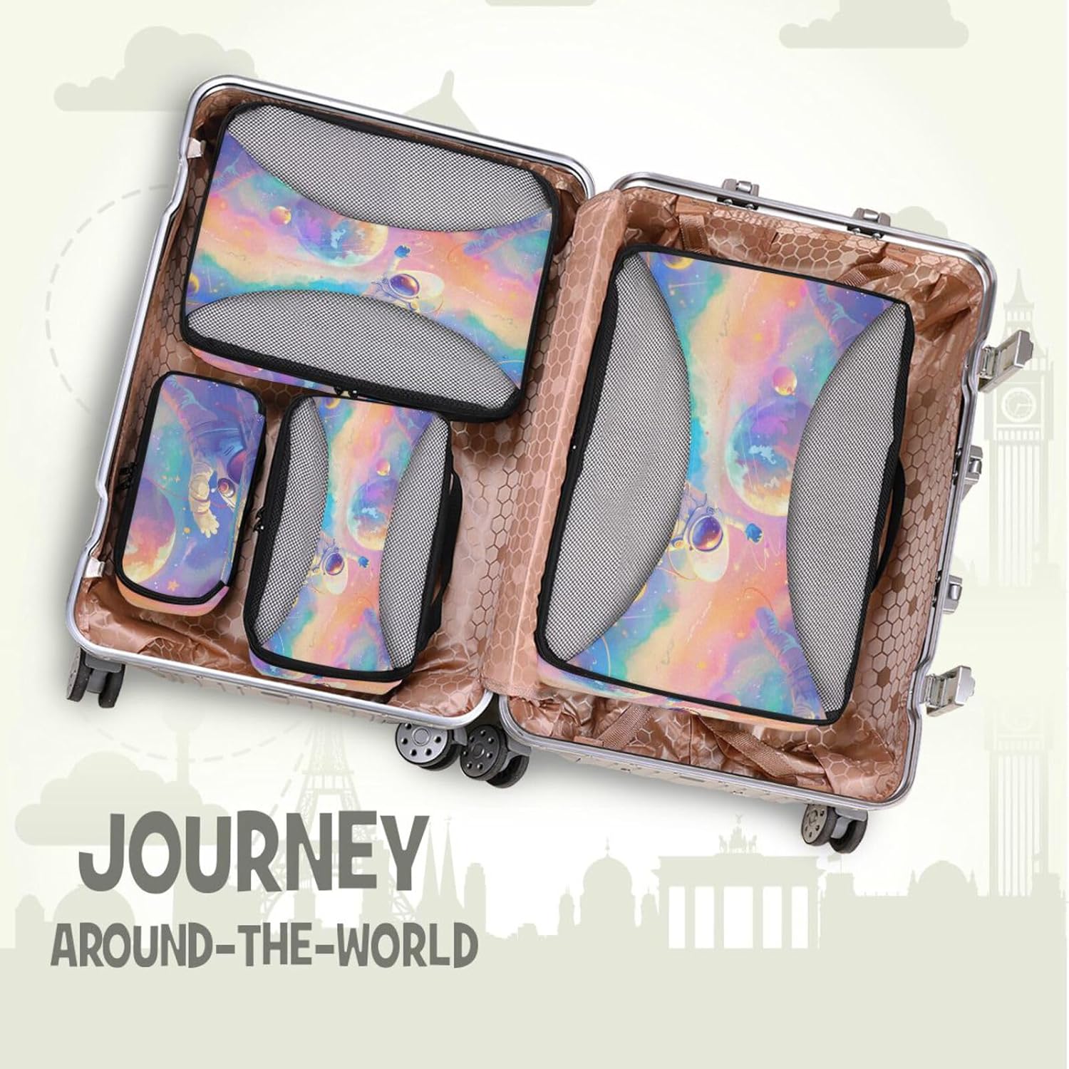 Cartoon Astronaut 4 Pcs set organizer for luggage Mesh Travel Essentials expandable compression packing cubes