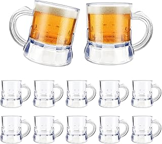 ZZYFGH 12 Pcs Mini Plastic Beer Mugs, 1 Oz Clear Plastic Shot Glasses Beer Mug with Handles, Reusable Beer Stein Tasting Glasses for Beer Fest, Birthday, Weddings, Father's Day Party Supplies