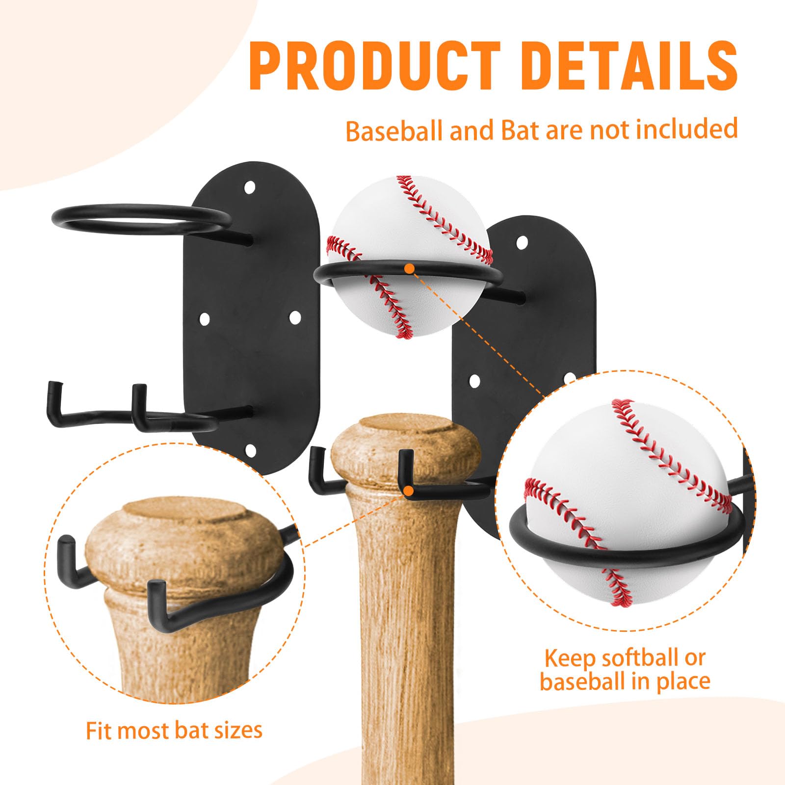 Lot de 2 étagères de rangement murales pour batte de baseball - En métal - Noir