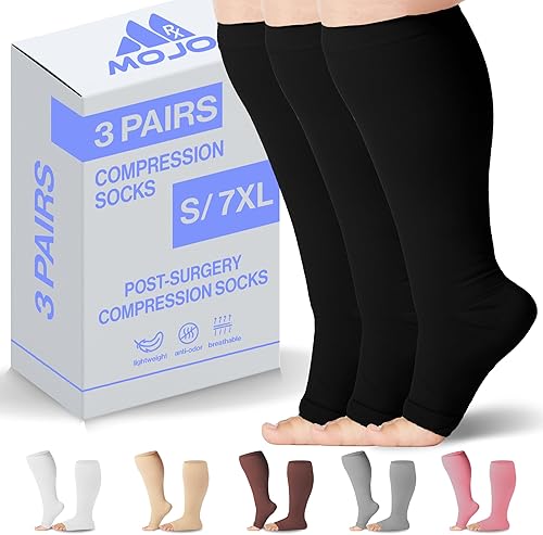 3 pares de soporte de recuperación poscirugía Calcetines de compresión Mojo, medias de apoyo hasta la rodilla con puntera abierta, opacos, unisex