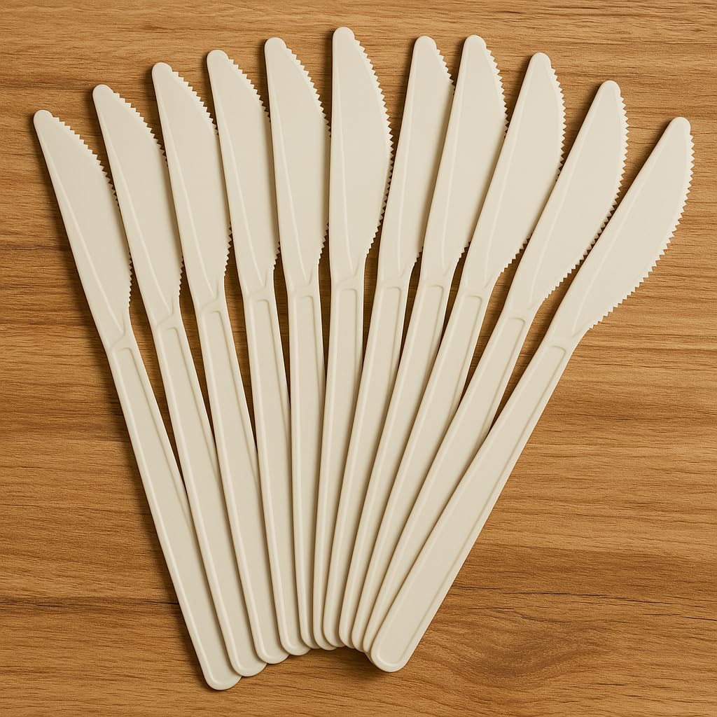 100 coltelli riutilizzabili biodegradabili e compostabili bianchi posate in fibra di zucchero 2 cf x 50 pezzi stoviglie bio Eco Friendly (100)