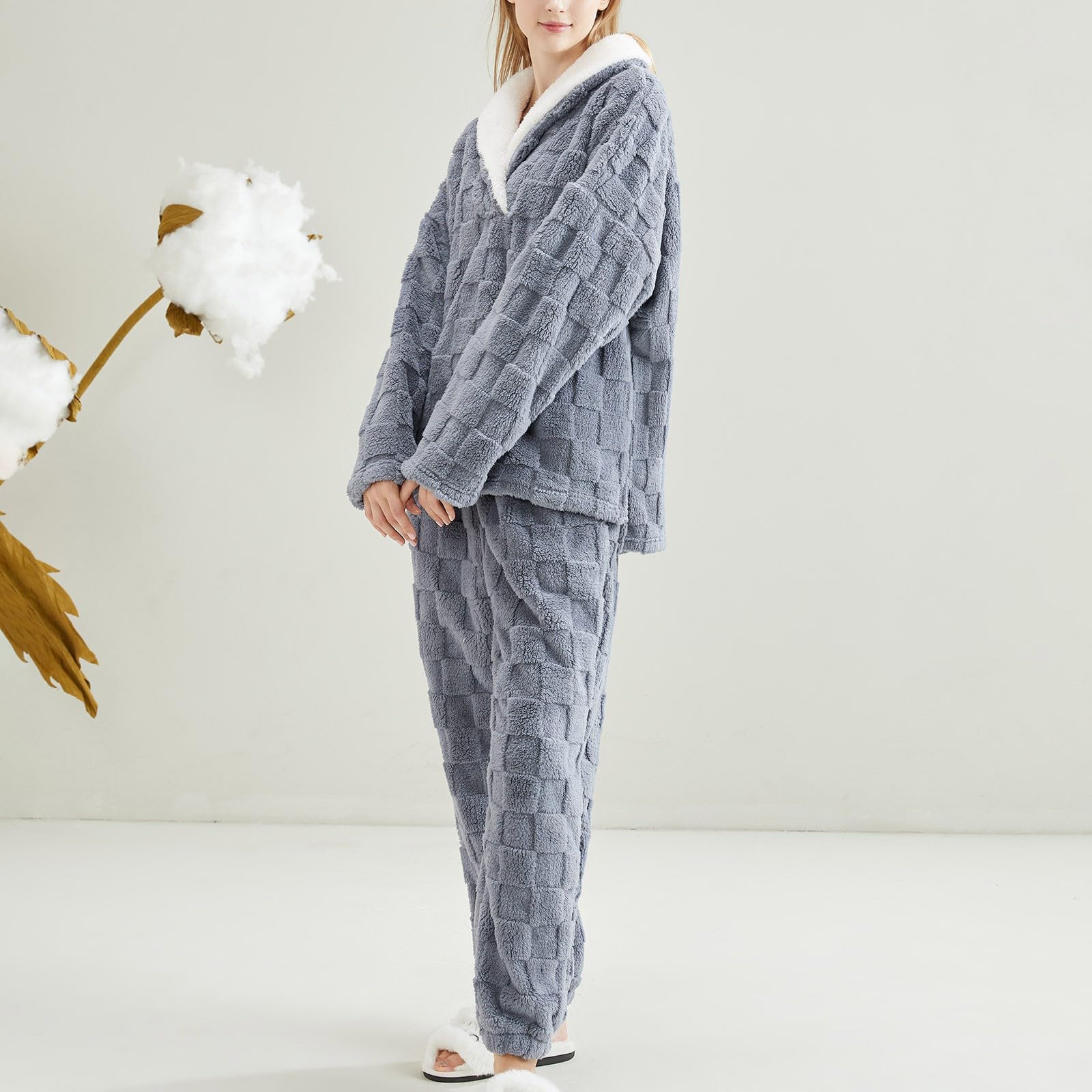 Pijama largo para mujer, mullido, mullido, pantalones de pijama, conjunto de ropa de dormir, con botones, cuello de camisa, traje de ocio, ropa de noche, camiseta ligera de manga larga,