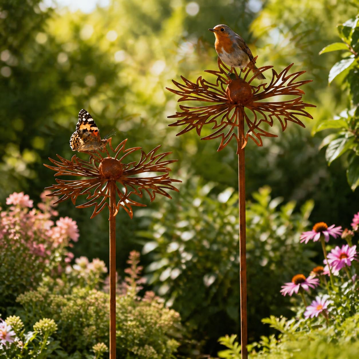 Set of 2 Rust Decoration for Garden Corten Steel Garden Stake Metal Flower Poppy Teleopea Garden Decoration Rust Trellis Flower Bed Stake Pot Stake Natural Rust (C)