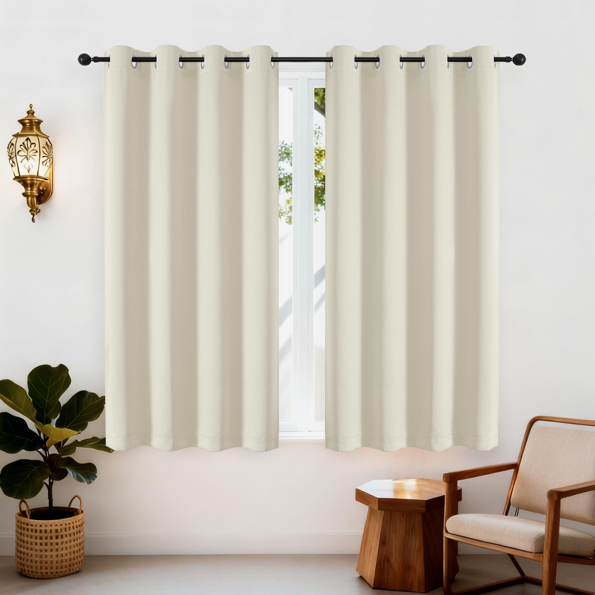 Simplebrand Ava Natural Blackout Eyelet Curtains for Bedroom 163 cm Length 2 Panels Set, Solid Thermal Insulated Energy Saving Grommet Window Treatment Curtains & Drapes Black Out, W 140 cm x L 163 cm