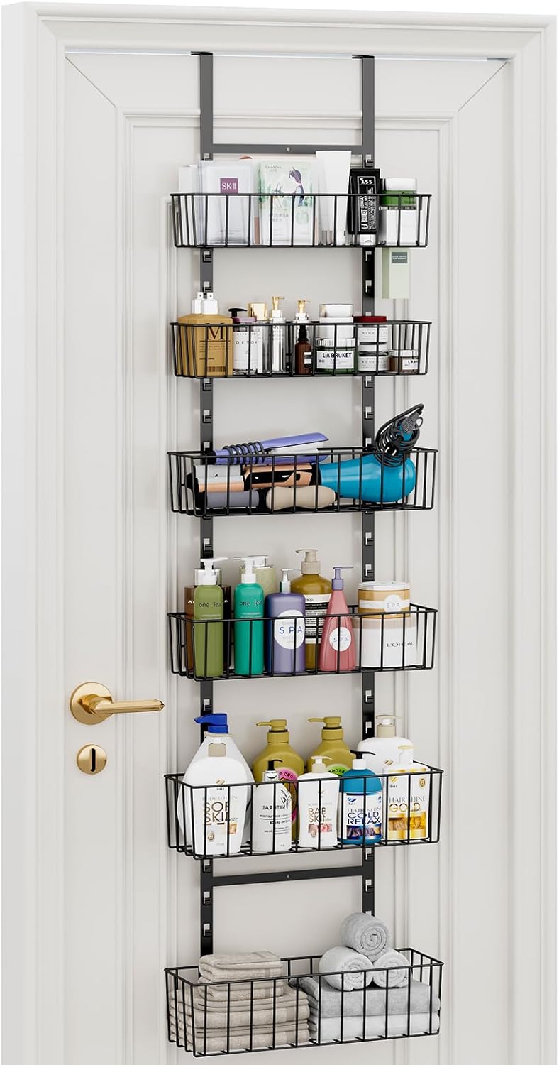 Over The Door Bathroom Organizer, 6-Tier Adjustable Metal Baskets Hanging Bathroom Organizer, Over The Door Organizer with Detachable Frame, Strong Load-Bearing Hair Tool Organizer