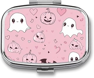 Pumpkins and Ghosts Pill Box Square Metal Small Pill Case with 2 Compartment Portable Travel Pill Organizer for Vitamins, Medication, Fish Oil