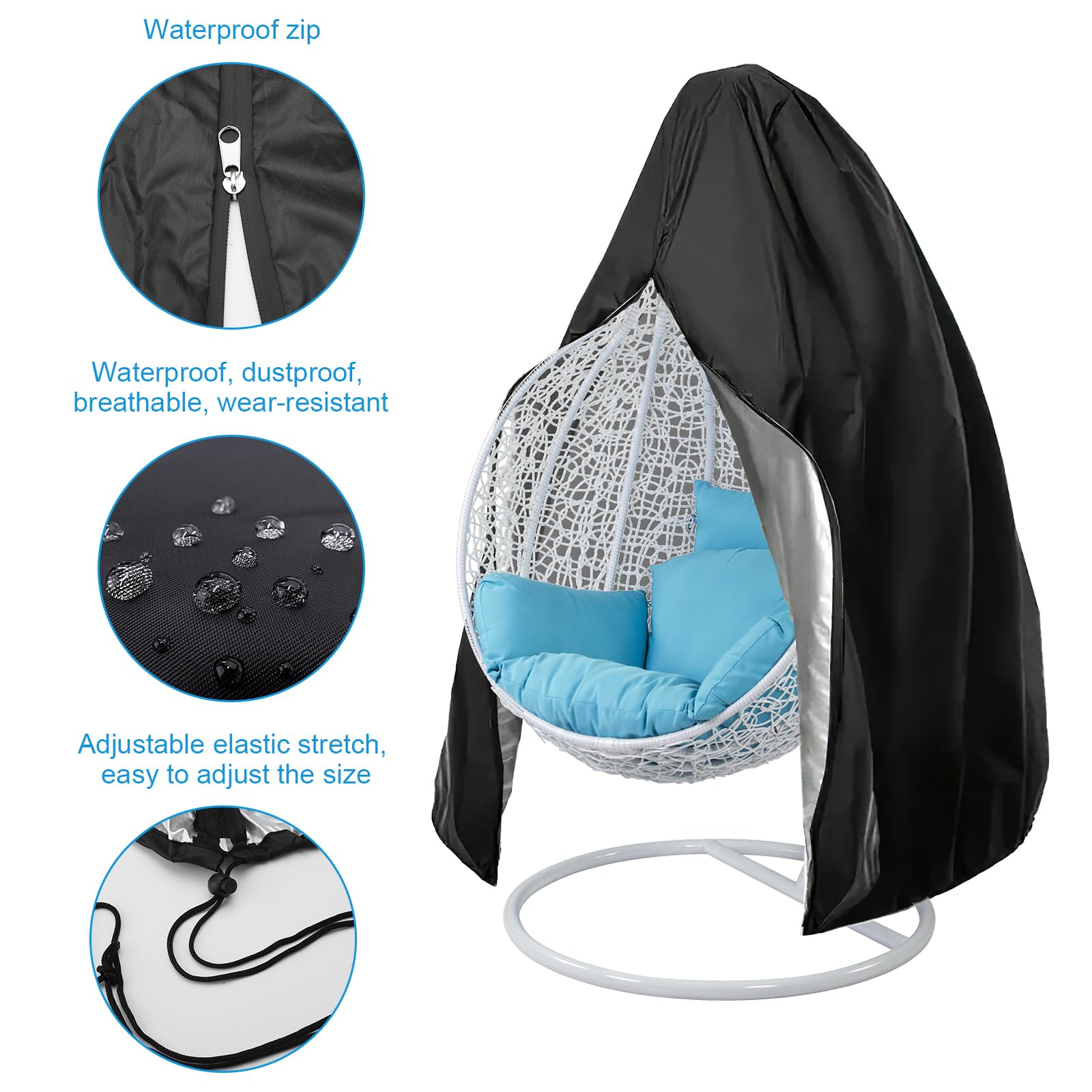 Fundas para sillas colgantes de patio, funda para silla mecedora de columpio 190 x 115cm Funda para Silla Colgante de Jardín Impermeable con Cremallera y Cordón Tela Oxford 210D, Anti Viento, Anti UV
