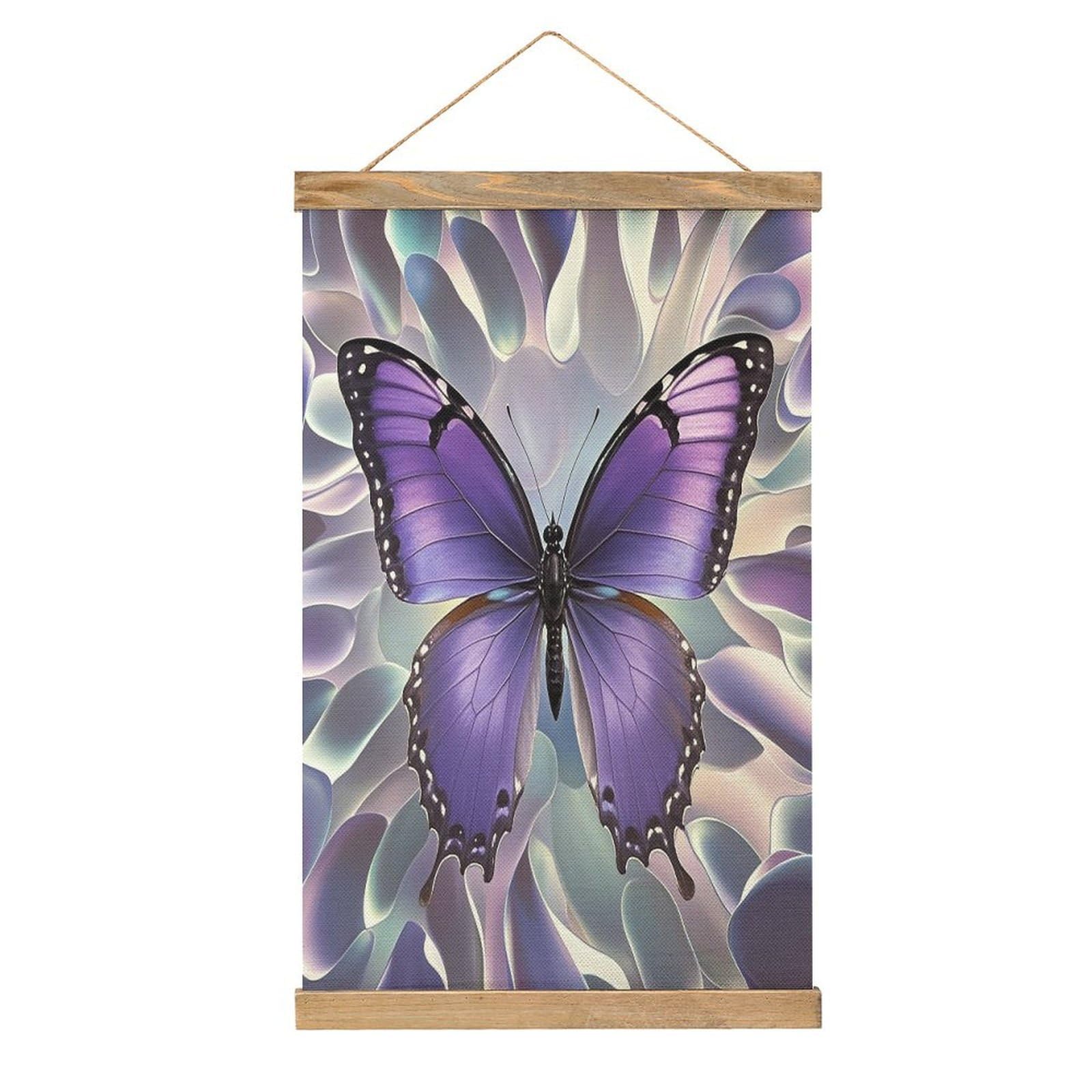 VstaDank Beautiful Purple Butterfly Art Hanging Poster with Wooden Frame Modern Linen Hanging Painting Retro Style Wall Decor Art Painting for Living Room,Bedroom Decor Poster Frame 20.4x13.1inch