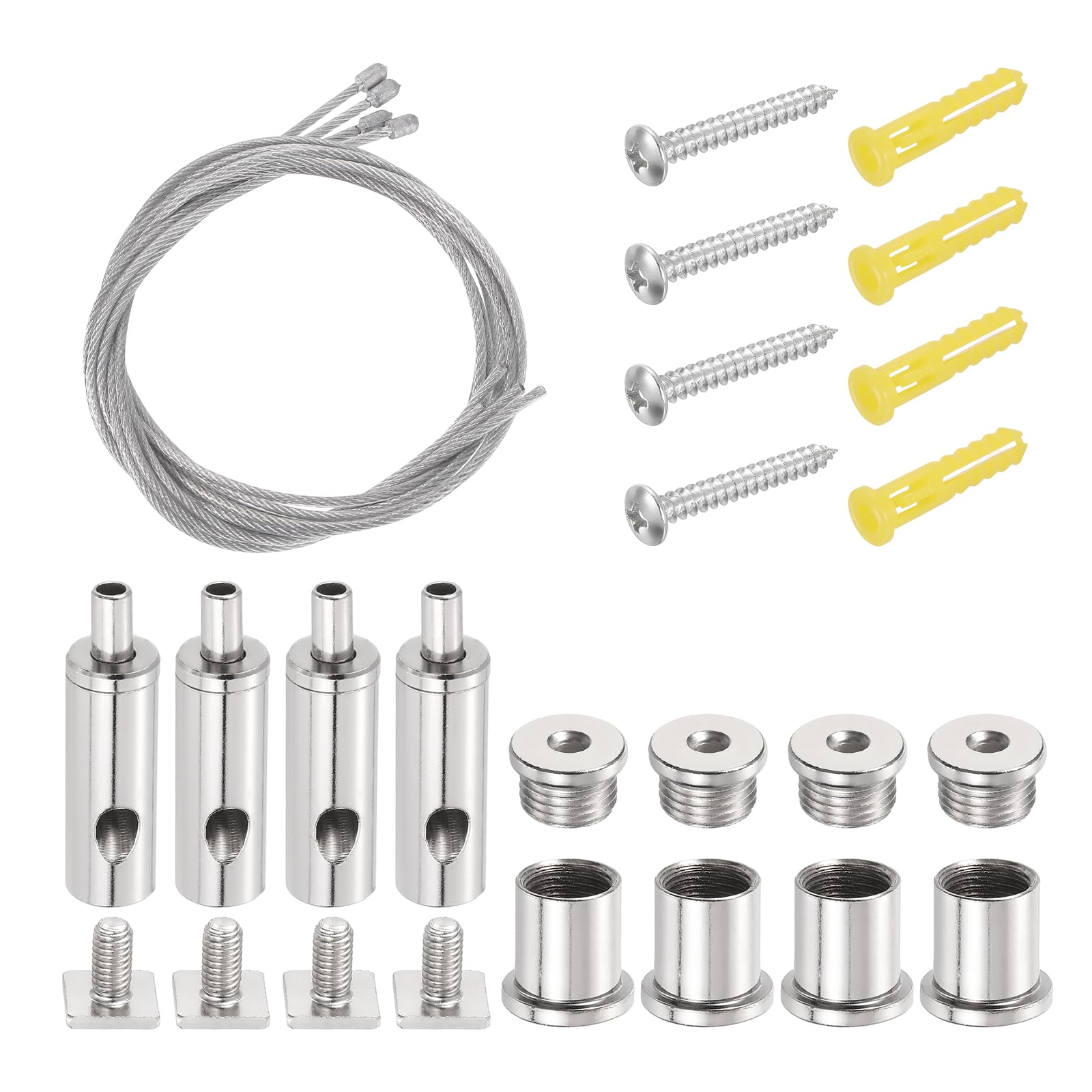 sourcing map 4Set Ceiling Hanging Wire Cable Kit, 2.6ft Bottom Adjust Adjustable Hanging Wire Rope Suspension with Square Mount Screw Kit for Pendant Chandelier Ceiling LED Panel Light, Chrome