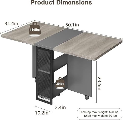 Miniatura 7 de Alkmaar Mesa de comedor plegable con hojas caídas y 2 estantes de almacenamiento, ideal para espacios pequeños, extensión plegable versátil, mesa de