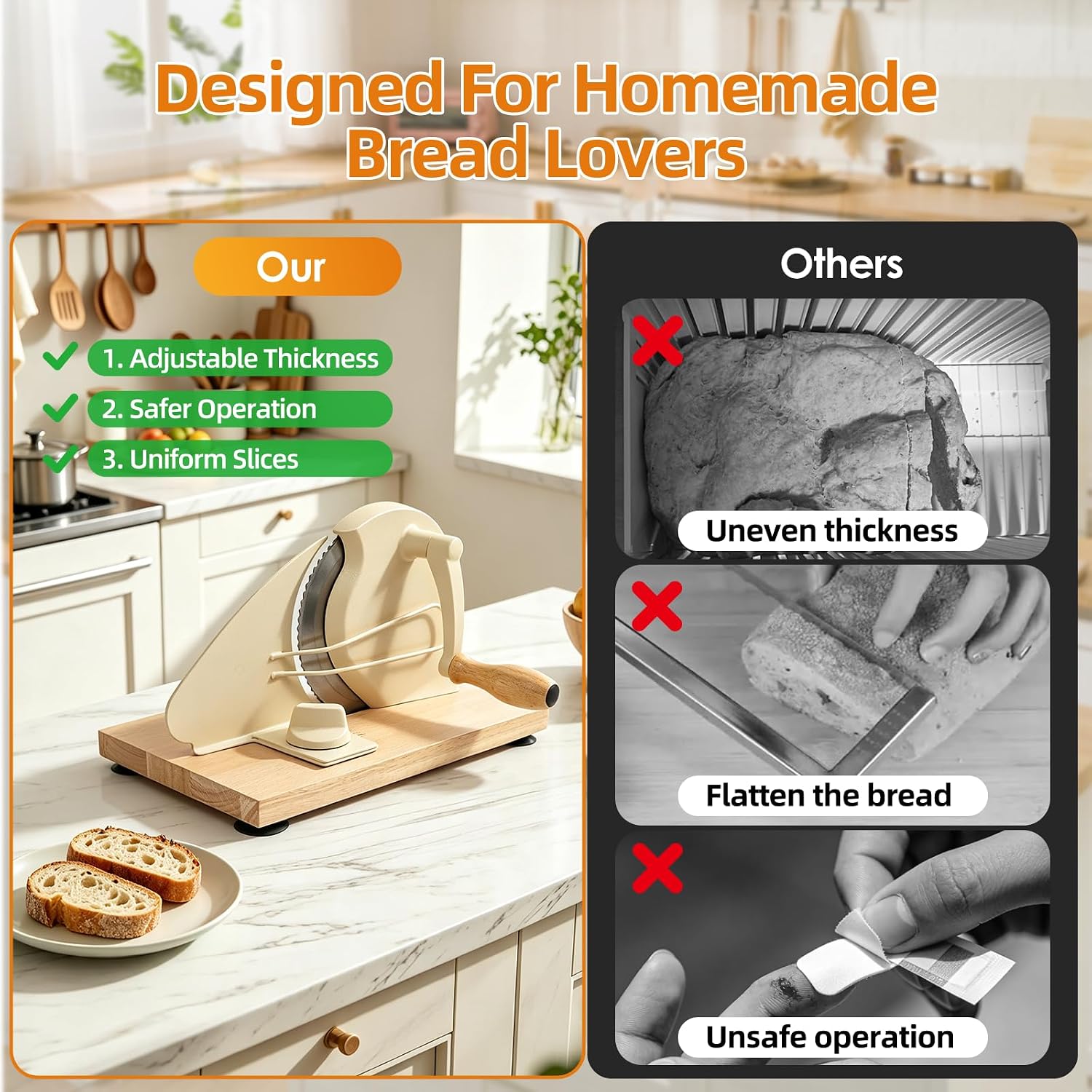 Manual Bread Slicer with Hand Crank for Homemade Sourdough, Adjustable Thickness Bread Cutter with Oak Wood Base, Metal Guide Rail and Strong Suction Cups