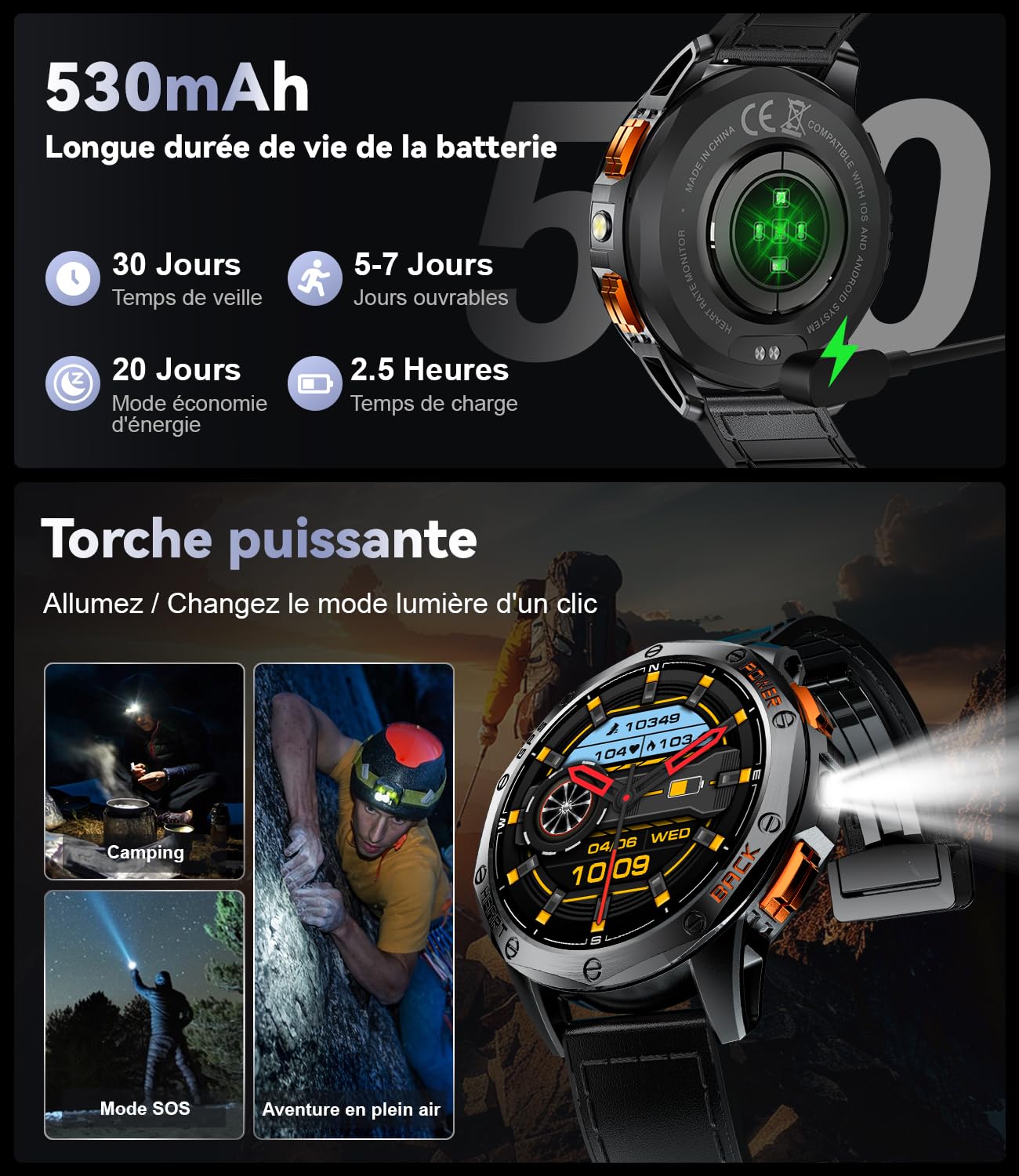 ESFOE Smartwatch Uomo GPS Militare Impermeabile 10ATM con Torcia LED 1,43" AMOLED Display Rugged Smartwatch Orologio con Chiamate Bluetooth, Altitudine, Pressione, Bussola, 530mAh per Android iOS