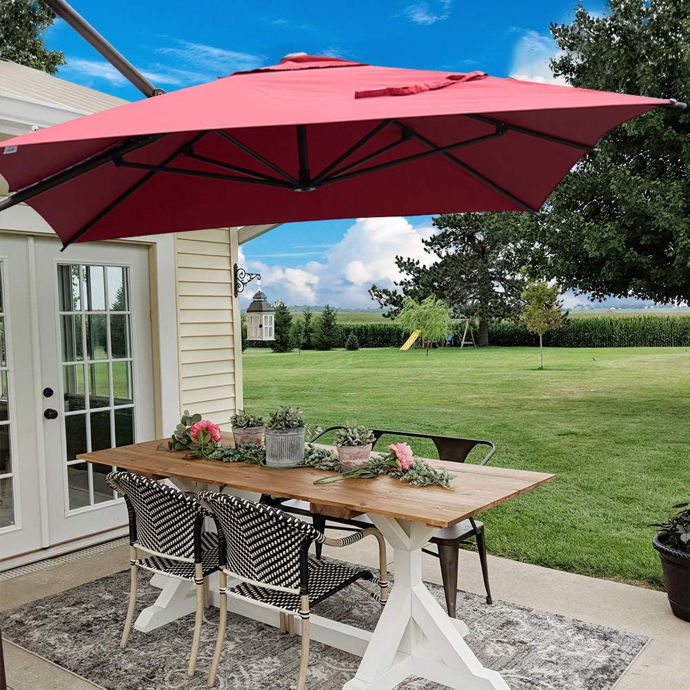 Abba Patio 9 x 7ft Offset Patio Umbrella Rectangular Cantilever Outdoor Hanging Umbrella with Crank & Easy Tilt & Cross Base for Garden, Deck, Backyard, Pool, Red