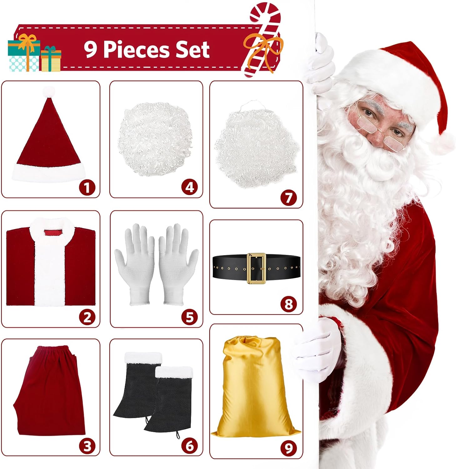 Santa Claus Costume for Men Deluxe Santa Costume, Professional Santa Suits Adults Men 9 Pcs Santa Oufit - Image 2