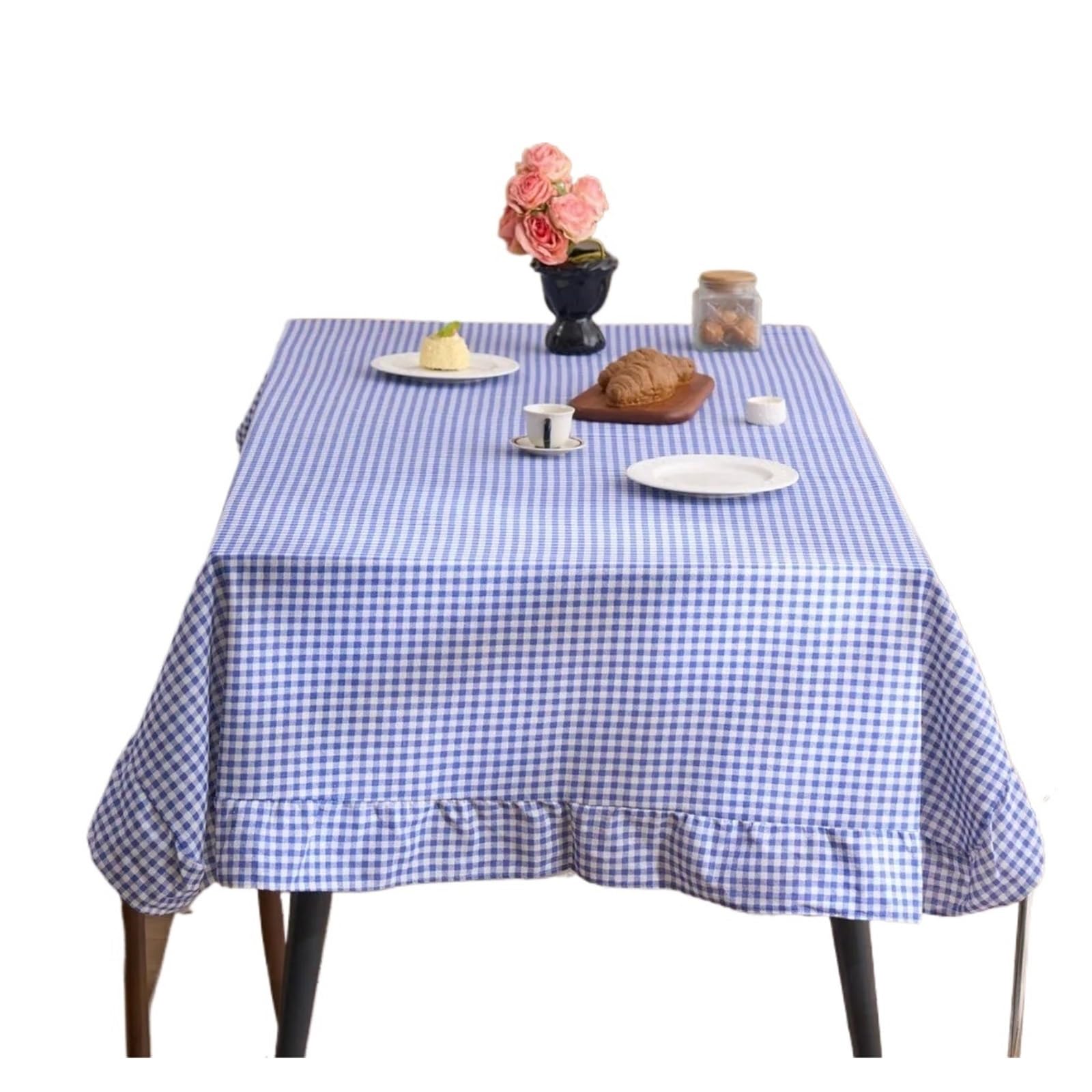 Table ClothRuffle, Ruffle Tablecloth Plaid Linen-cotton Table Cover Multicolor Multiple Sizes(Blue,140x180cm)