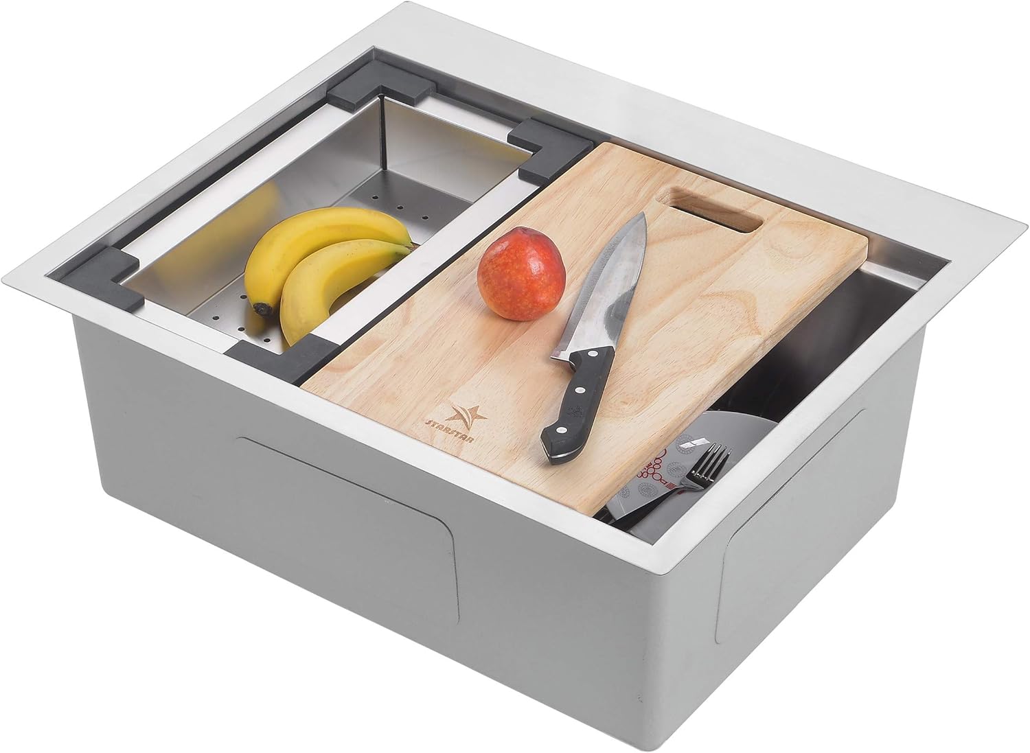 Rеvіеw Prоduсt STARSTAR Workstation Ledge Topmount/Drop-in Single Bowl 304 Stainless Steel Kitchen/Yard/Bar/Laundry/Office Sink, With Grid, Colander, Cutting Board, Strainer (21 x 20 x 10-Black Colander)
