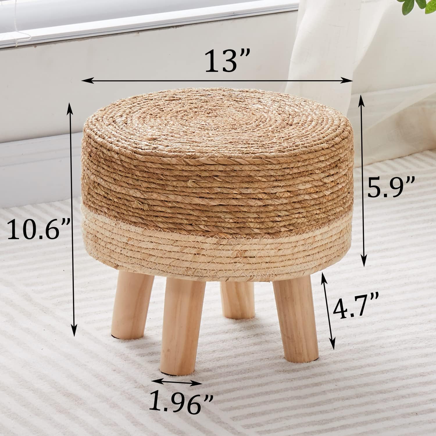 Wimarsbon Round Foot Stool Natural Seagrass Poufs Ottoman Hand Weave Footrest Stool for Couch Desk Extra Seat Step Stool with Solid Wood Legs for Hallway Patio Lounge White