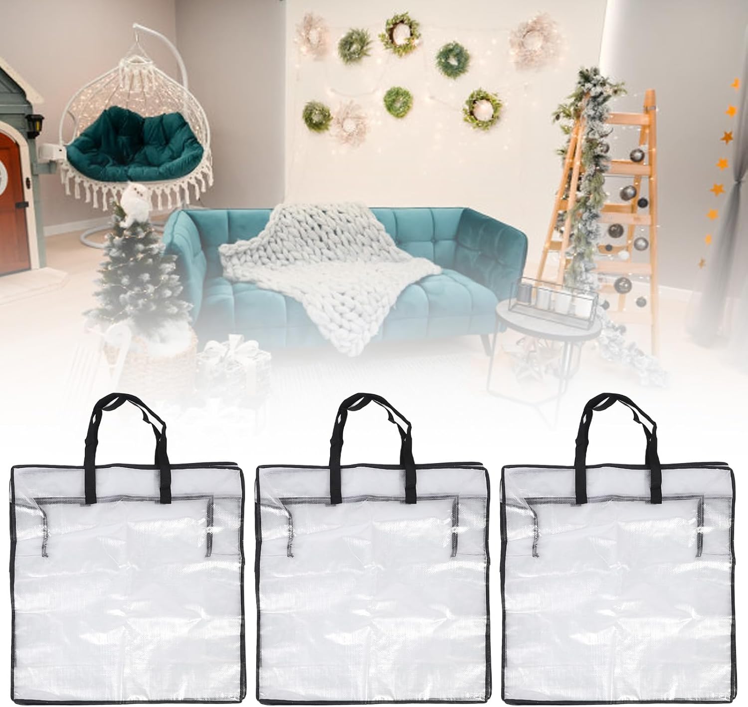 3 Pack Clear Wreath Storage Bag, Plastic Ornament Storage Box Clear Moving Bags with Handle and Zip for Holiday Wreaths, Bed Sheet