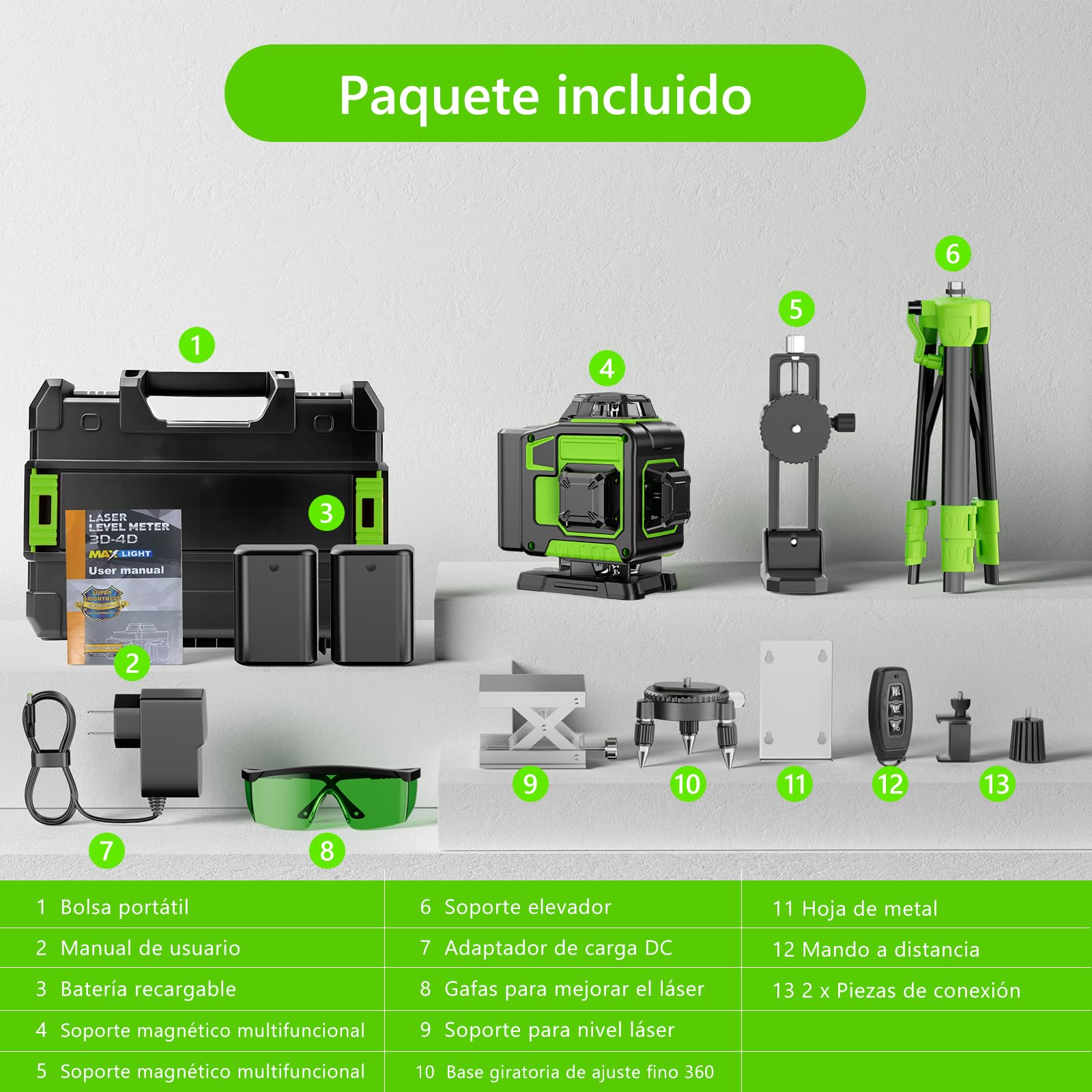 Nivel Laser Autonivelante 360 Grados, Nivel Láser Verde 16 Líneas, 2 x 360 Horizontal y 2 x 360 Verticales, 2 x Batería, Montaje en Pared, Control Remoto, Base Magnética, Soporte Giratorio, Trípode