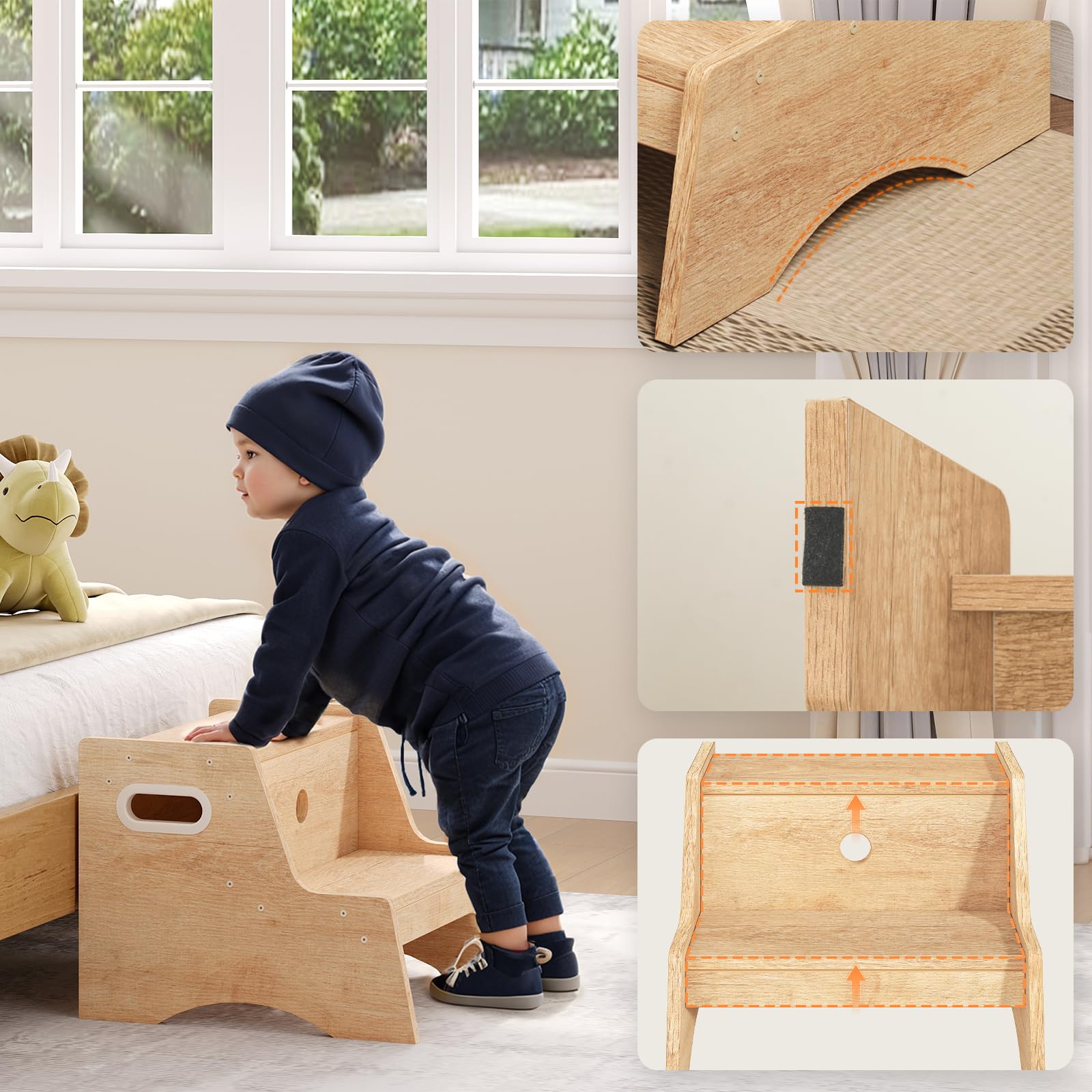 HOOBRO Marche Pied à 2 Niveaux pour Enfants, Tabouret pour Enfants avec poignées découpées et Pattes antidérapantes, Escabeau de Toilettes, pour Salle de Bain, Couleur Bois ENL05JD01