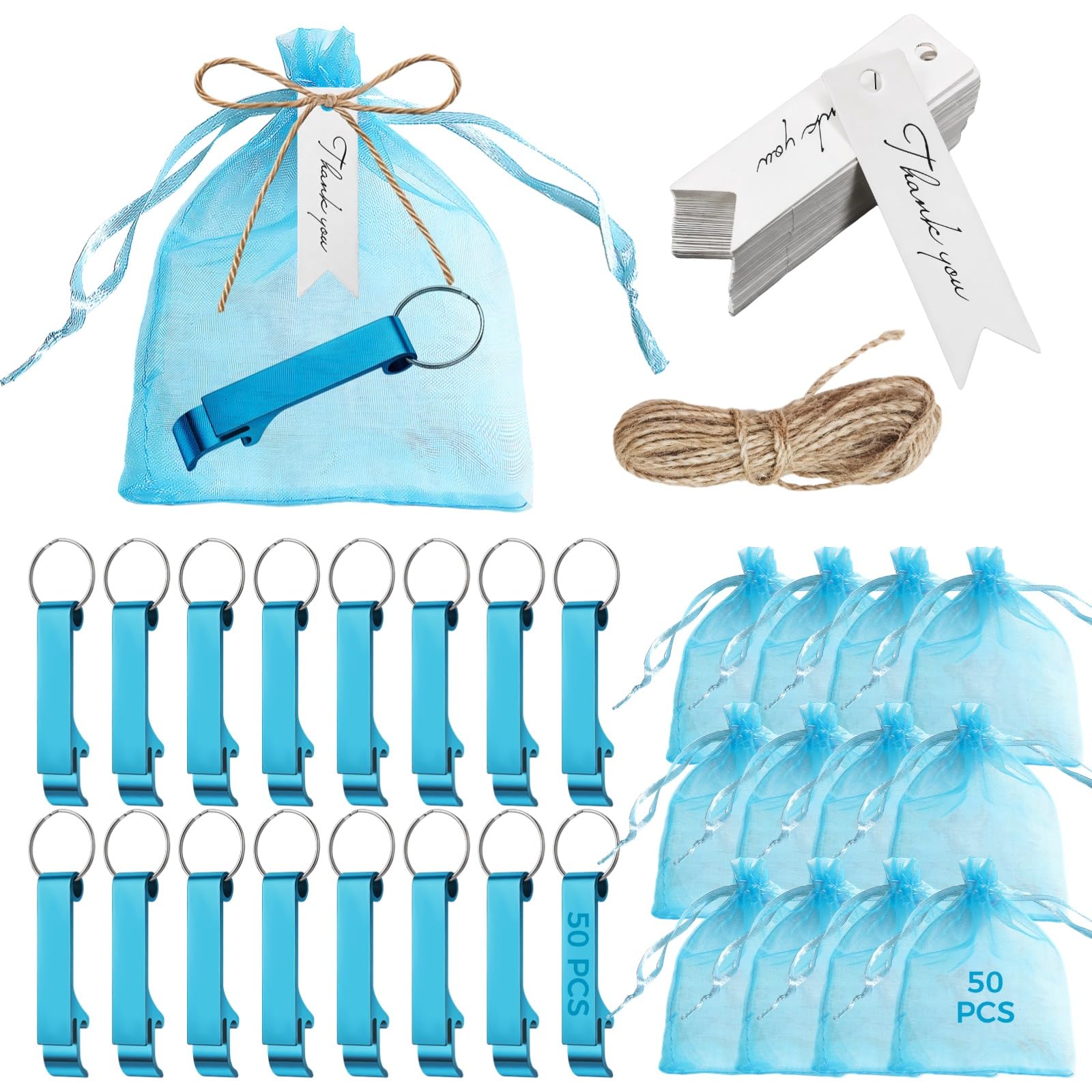 50 Stück Flaschenöffner als Partygeschenke, Aluminium-Schlüsselanhänger für Babyparty und Hochzeit, mit Dankeskarten und Organza-Beuteln, Erinnerungsstücke für Gäste