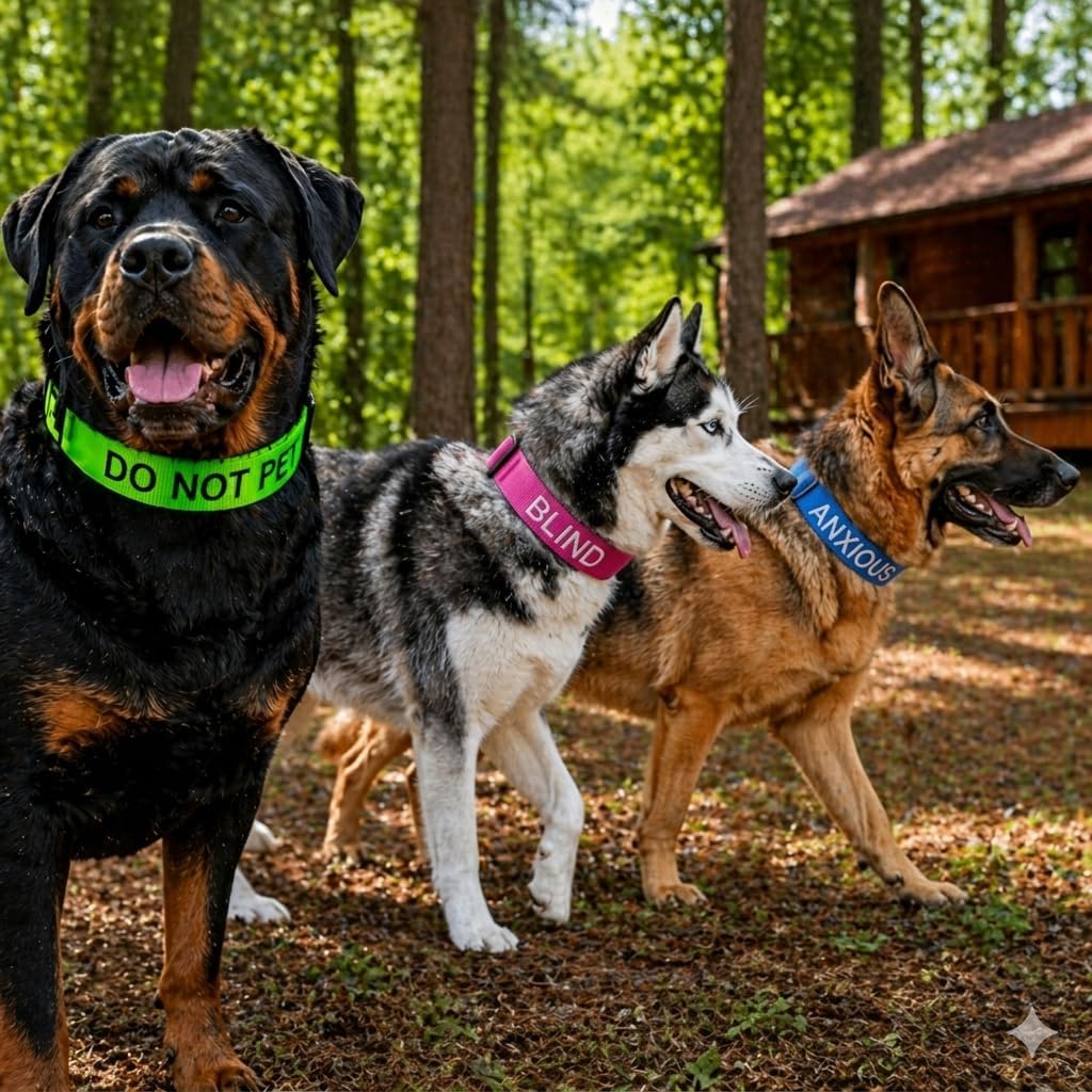 Handmade Personalized Safety Dog Collar - DO NOT PET, DO NOT Approach, NO Touch Dog Collar - Embroidered Warning Training Collar, 40 Custom Message, No Tag Needed, Made USA (Large (1 x 15-24"))