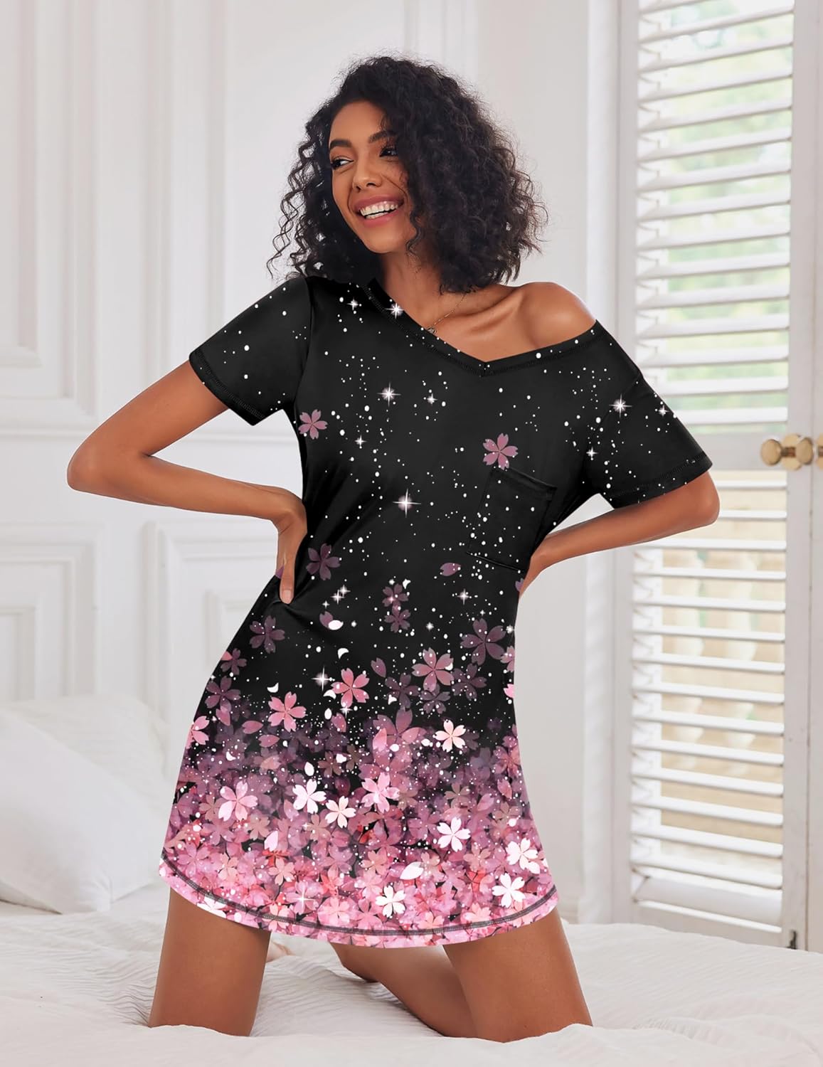 Ekouaer 3 Pack Nightgowns for Women Short Sleeve Sleep Shirts T Shirt Night Gown V Neck Nightshirts Soft Sleepwear Dress - Image 4