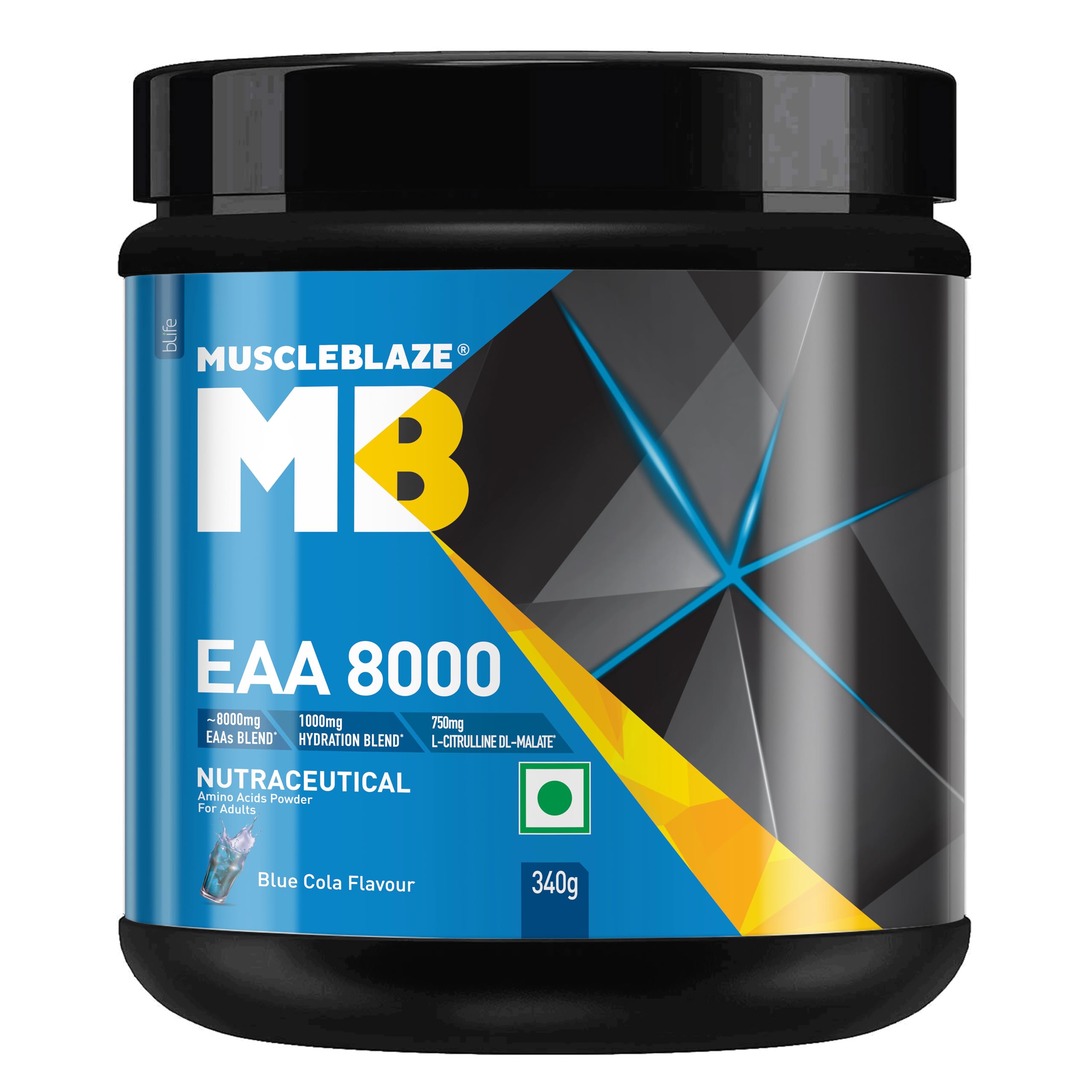 MuscleBlaze EAA 8000 Powder Blue Cola container