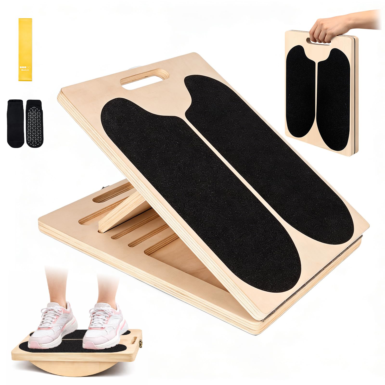 2-in-1 Slant Board Calf Stretch Wedge Wooden, Foldable Stretch Mobility Balance Board with 5 Adjustable Heights, Handle, Resistance Band & Non-Slip Socks, 300 lb Calf Raise Block for Squats & Muscle