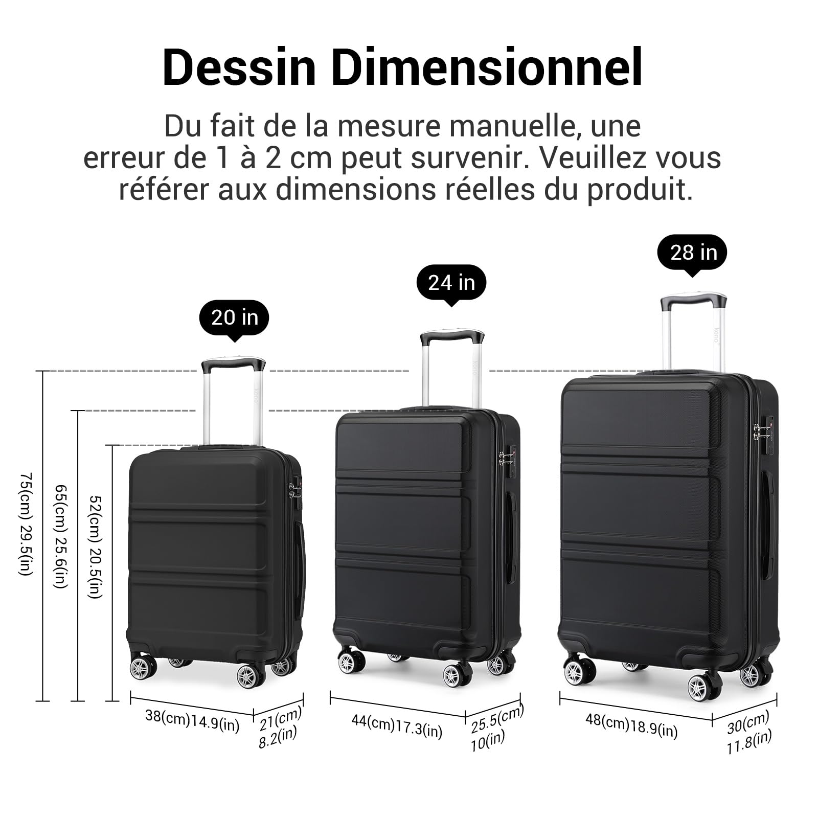 Kono Valise Grande 74cm Rigide ABS Valise de Voyage 28 Pouces à 4 roulettes et Serrure TSA Valise de Mode, Noir