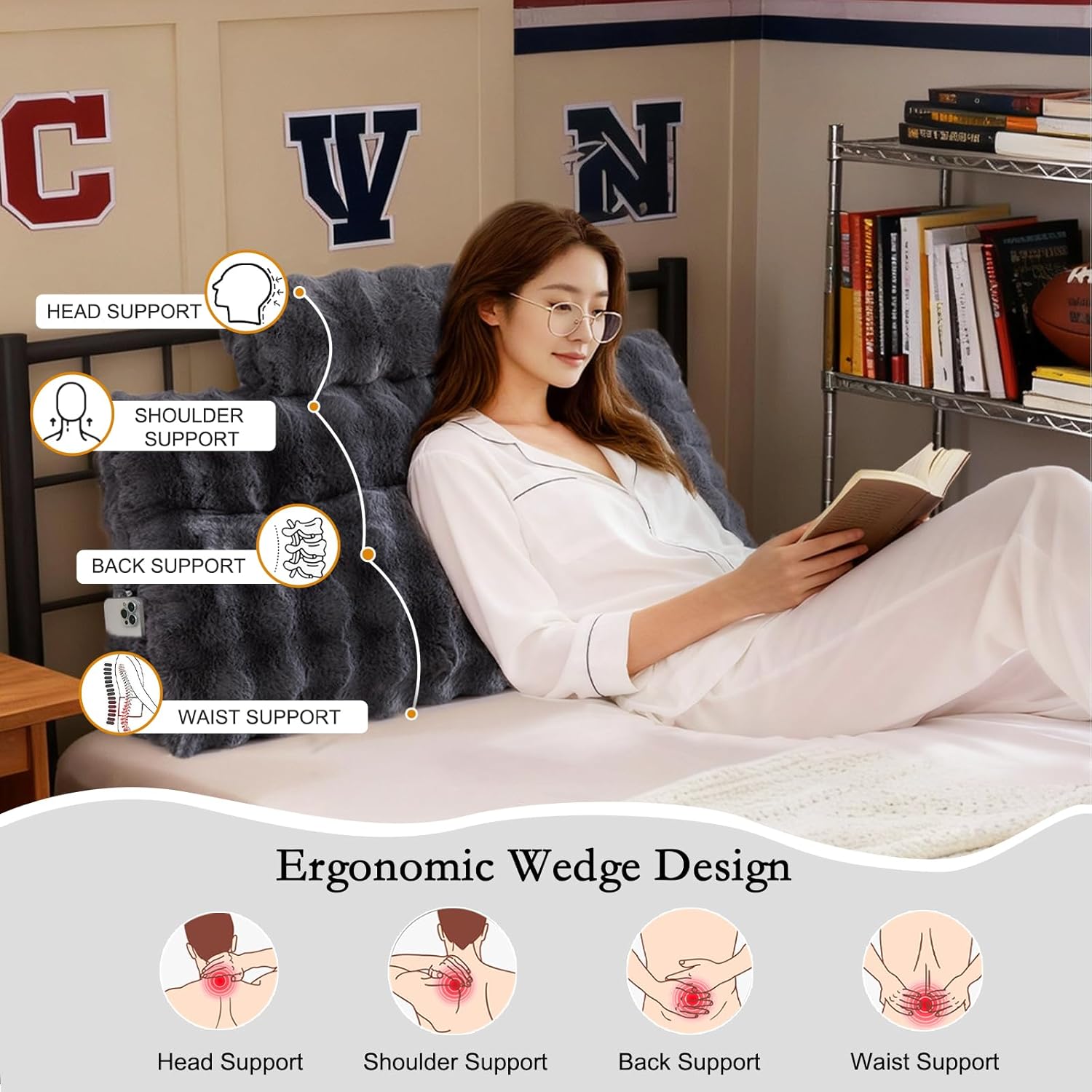 YOUR MOON Wedge Headboard Pillow Twin with 1 Neck Roll Pillow, Support Large Bed Bolster Pillows for Sitting Up in Bed, Large Triangular Wedge Backrest Cushion for Reading, Gray