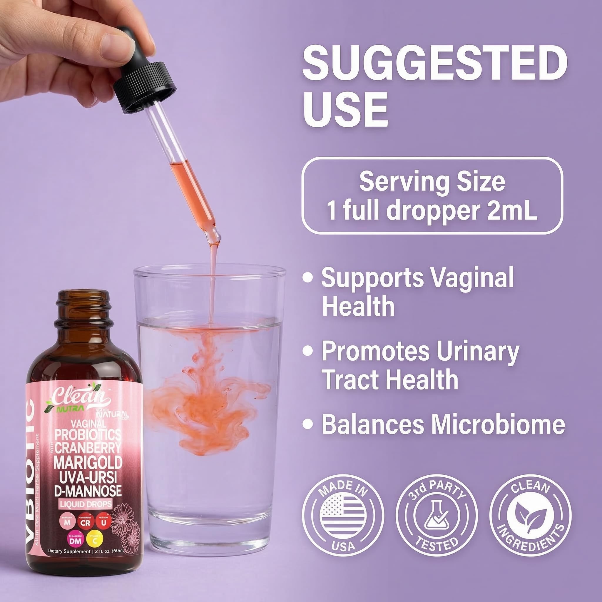 Clean Nutraceuticals VBiotic Vaginal Probiotic for Women Liquid Drops | Cranberry Uva Ursi Horsetail D-Mannose Prebiotics Marigold & Black Cohosh Vaginal Health Supplement | pH Balance — Amazon image 6